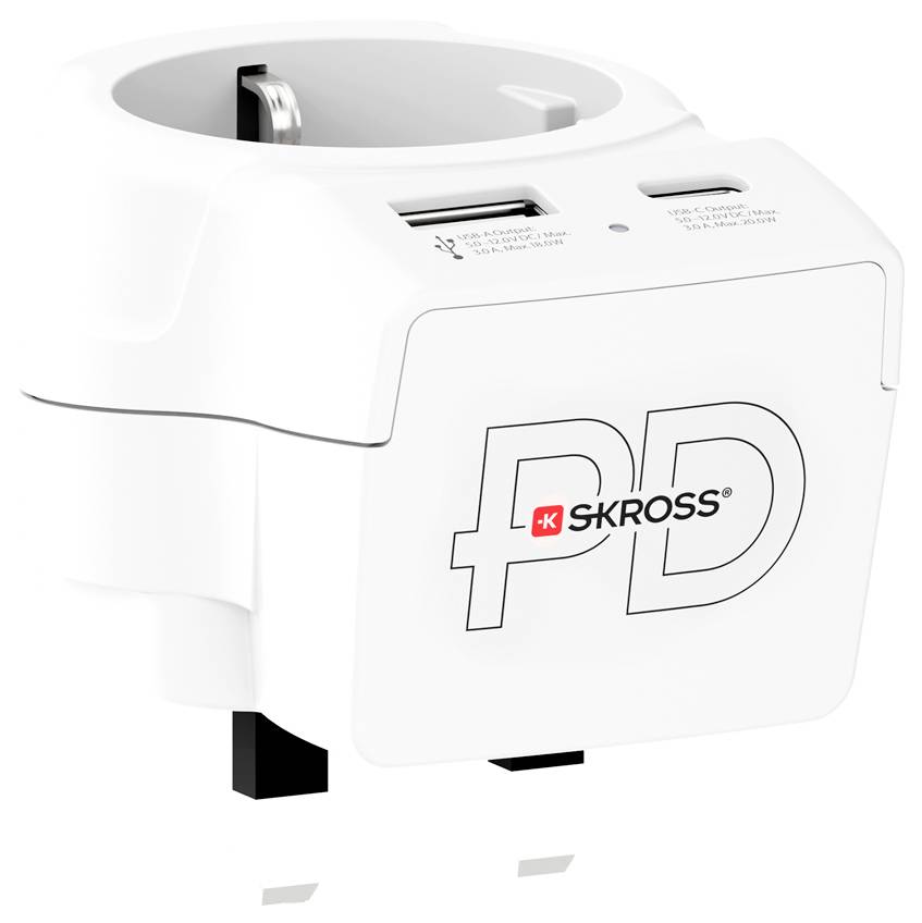 Ein weißer universeller Reiseadapter mit USB-C und USB-Anschluss, gekennzeichnet mit „Skross PD