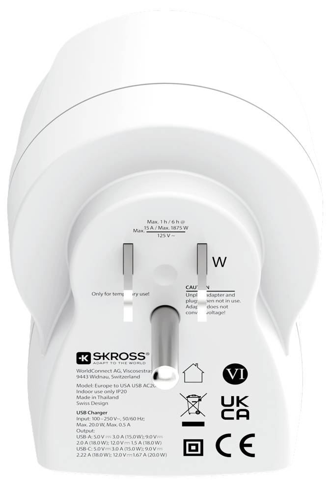 SKROSS Reiseadapter mit mehreren Steckertypen und Spannungsinformationen für die globale Nutzung.
