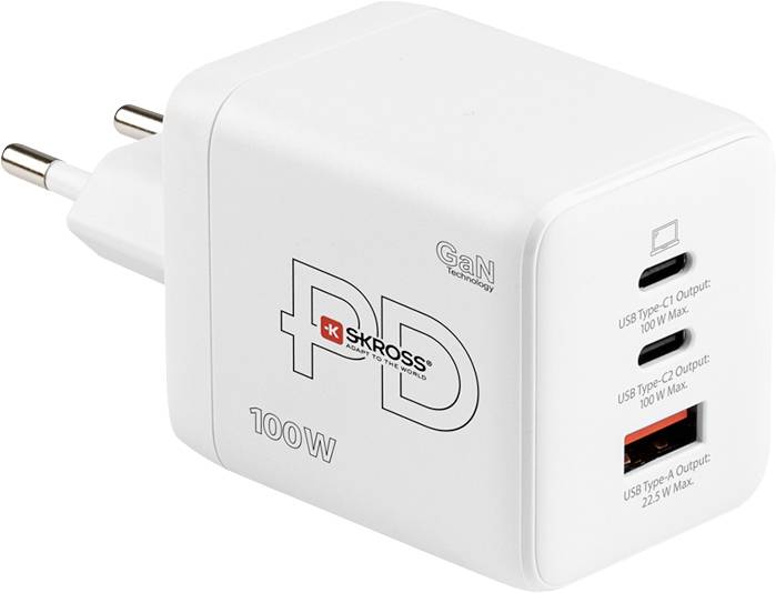 Ein weißes 100-W-USB-Wandladegerät mit drei Anschlüssen, mit den Bezeichnungen „Power Delivery