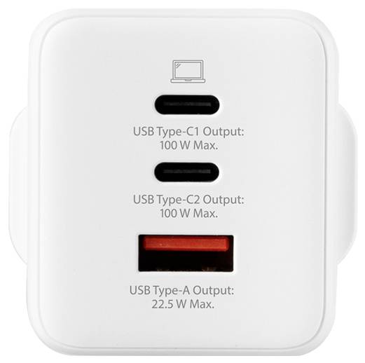 Ein weißer Ladeanschluss mit drei Anschlüssen: zwei USB-Typ-C-Ausgänge (je 100W max.) und ein USB-Typ-A-Ausgang (22,5W max.).