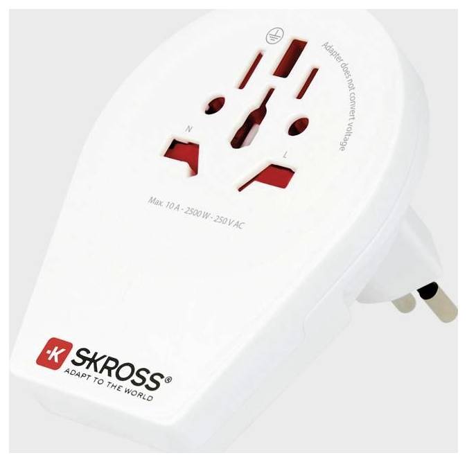 Universeller Reiseadapter mit mehreren Steckeroptionen. Mit der Marke 'SKROSS' gekennzeichnet, kompatibel mit verschiedenen Steckertypen für weltweite Verwendung.