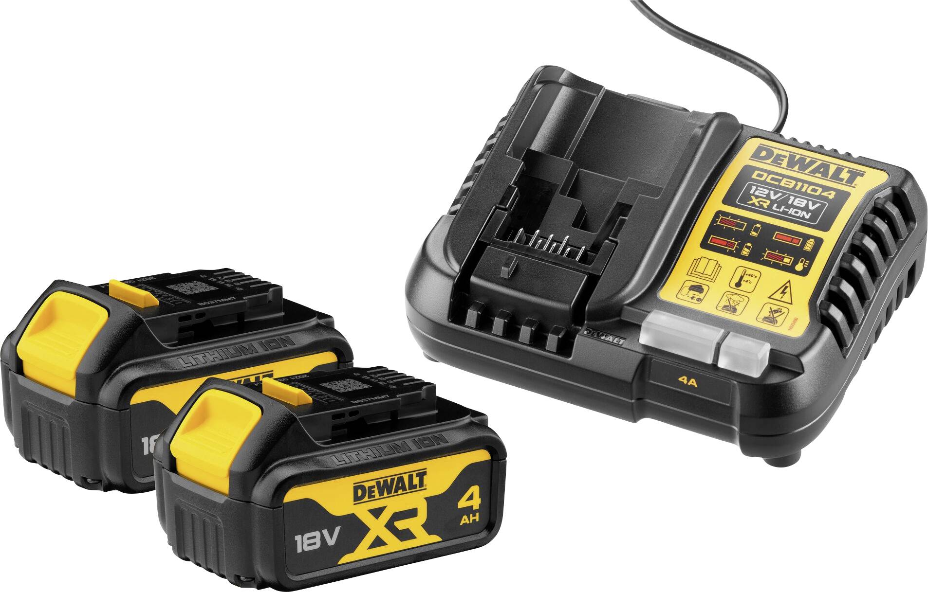 DEWALT Ladegerät mit zwei 18V XR 4Ah wiederaufladbaren Batterien daneben, das ein unverzichtbares Toolkit für kabellose Werkzeuge zeigt.