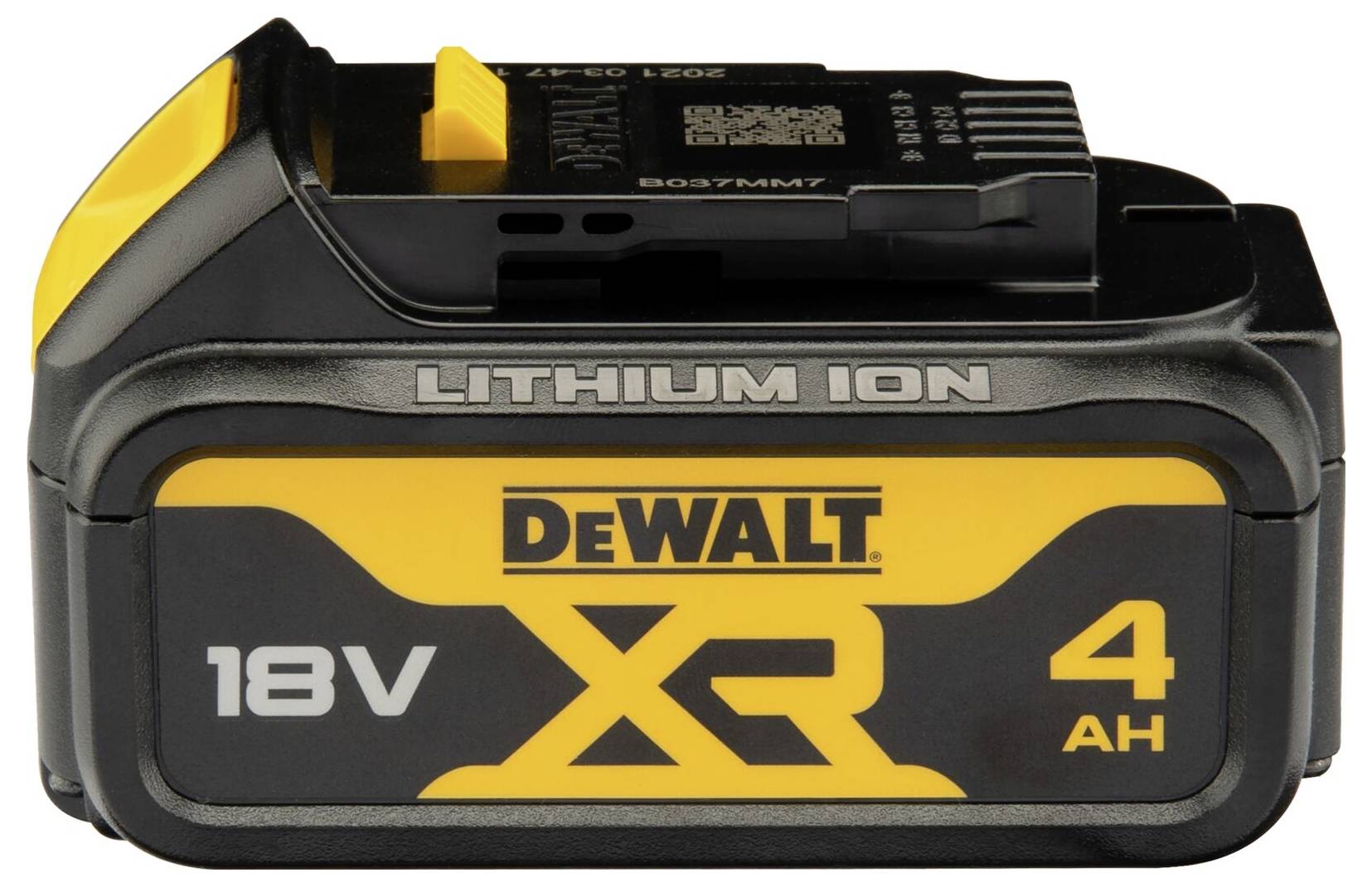 Dewalt XR 18V 4 Ah Lithium-Ionen-Akku, schwarzgelbes Design, mit Branding und Spezifikationen auf der Seite dargestellt.