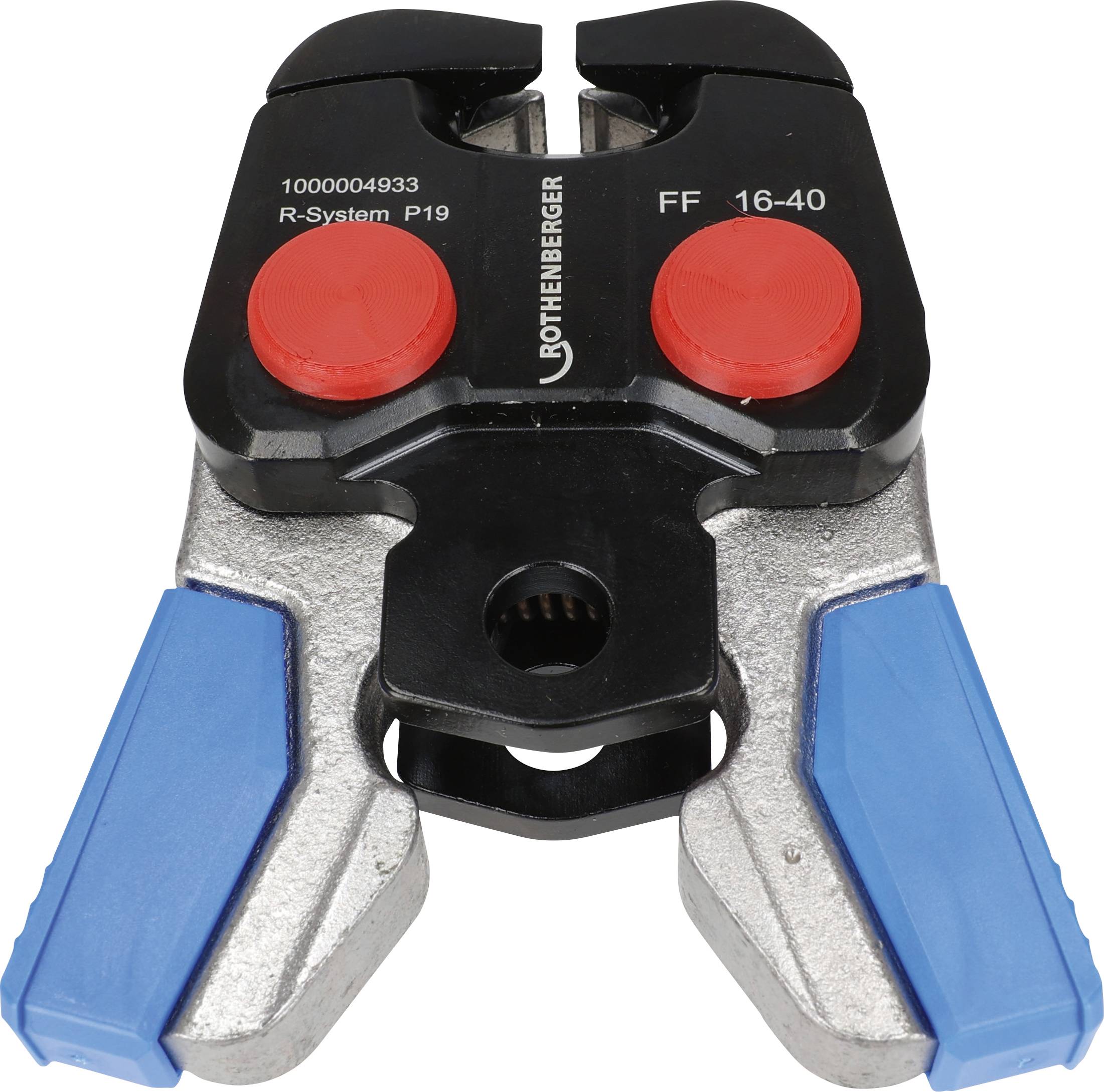 Rohrverdichtungswerkzeug mit schwarzen und blauen Komponenten, mit den Kennzeichnungen „R-System P19