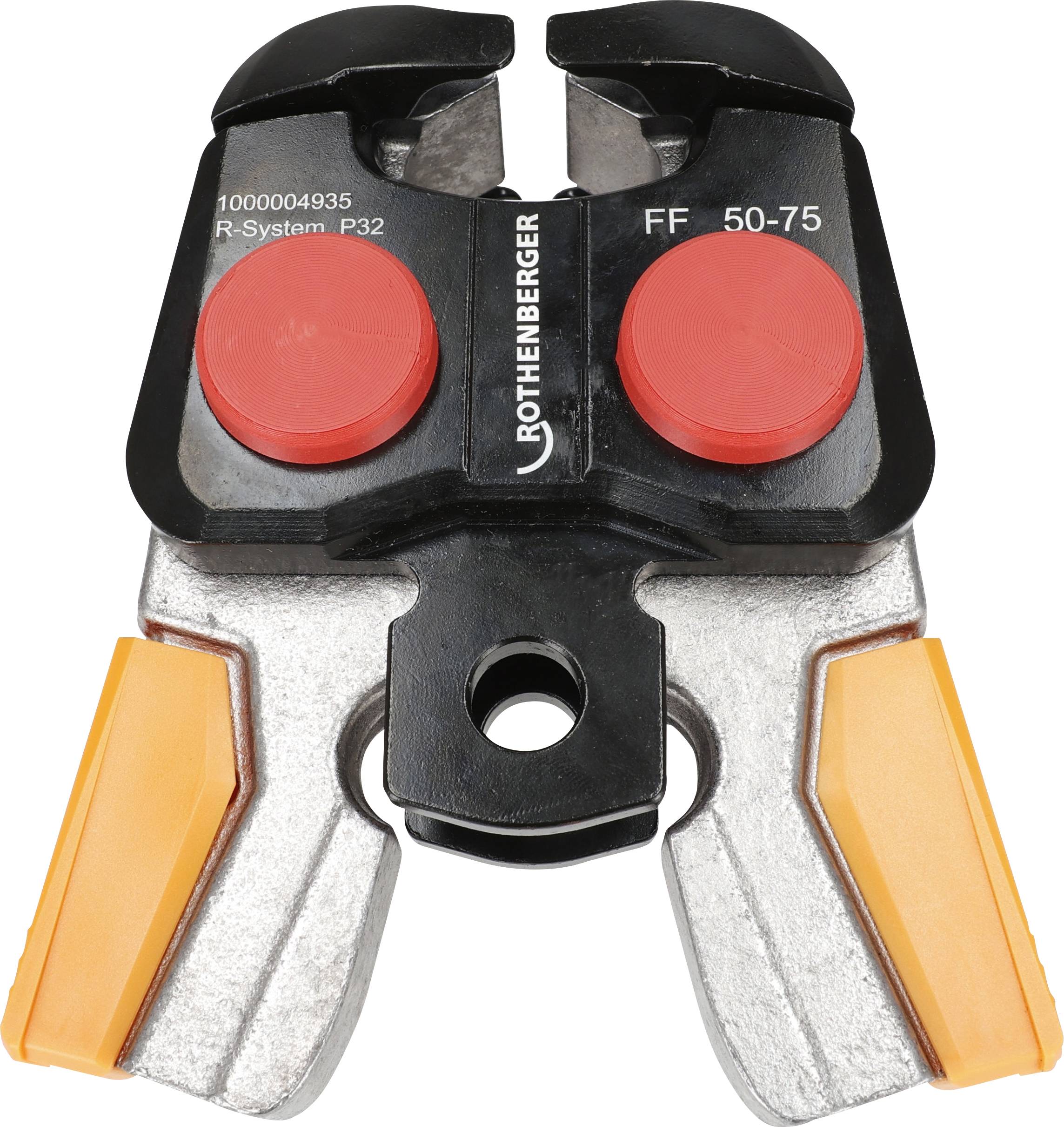 Rothenberger-Rohrklemm-Werkzeug mit roten und orangefarbenen Komponenten, beschriftet mit FF 50-75 R-System P32, verwendet für Sanitärinstallationen.
