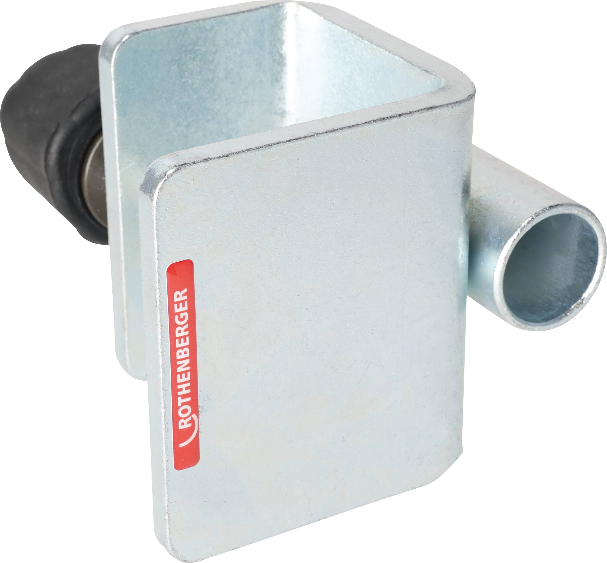 Metallhalter mit rechteckiger Öffnung und zylindrischer Erweiterung, mit der roten Beschriftung „Rothenberger