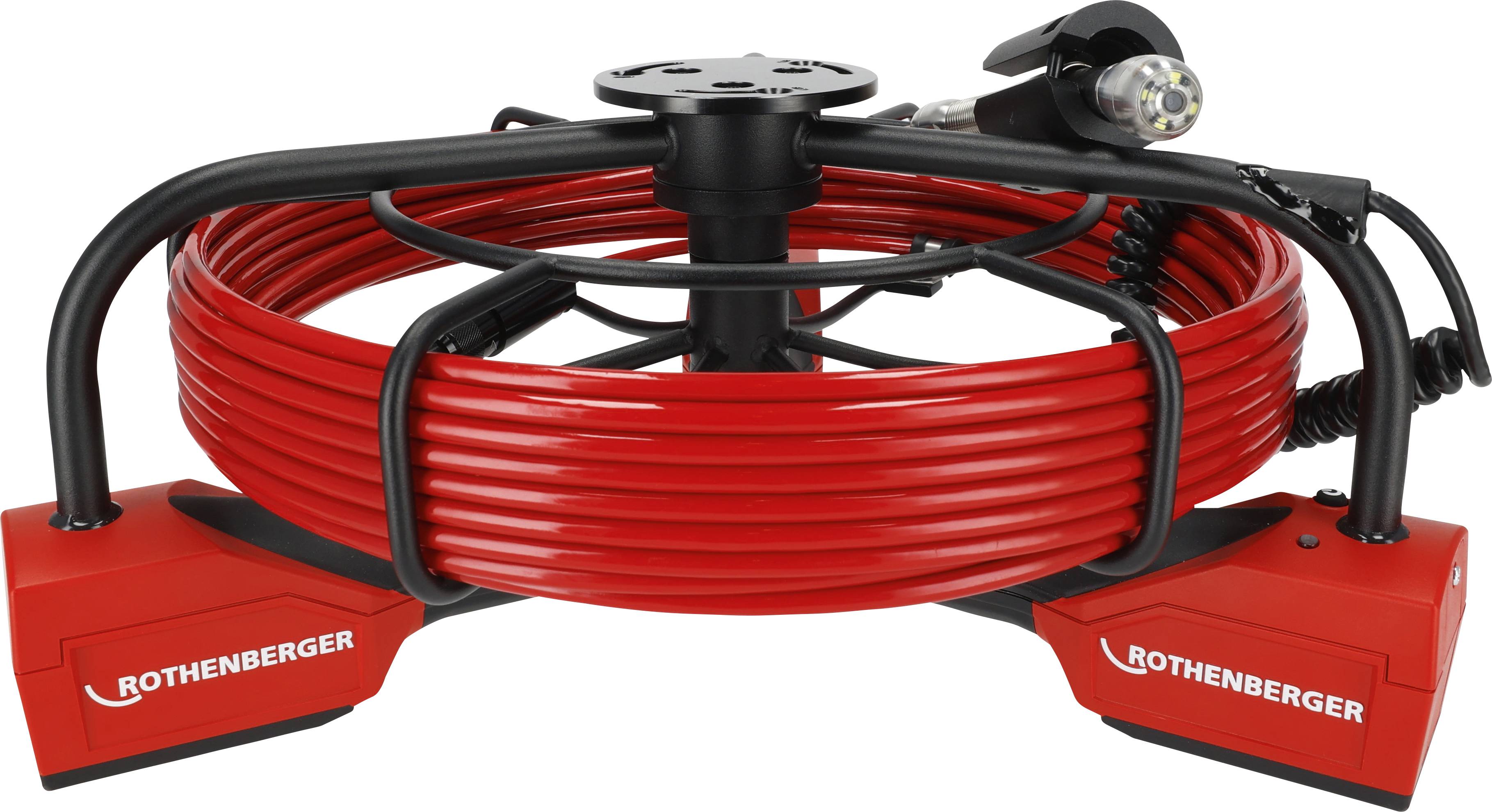 Rothenberger-Kabelrolle mit robustem rotem Gehäuse, entworfen für langlebige und effiziente Kabelführung in industriellen Umgebungen.