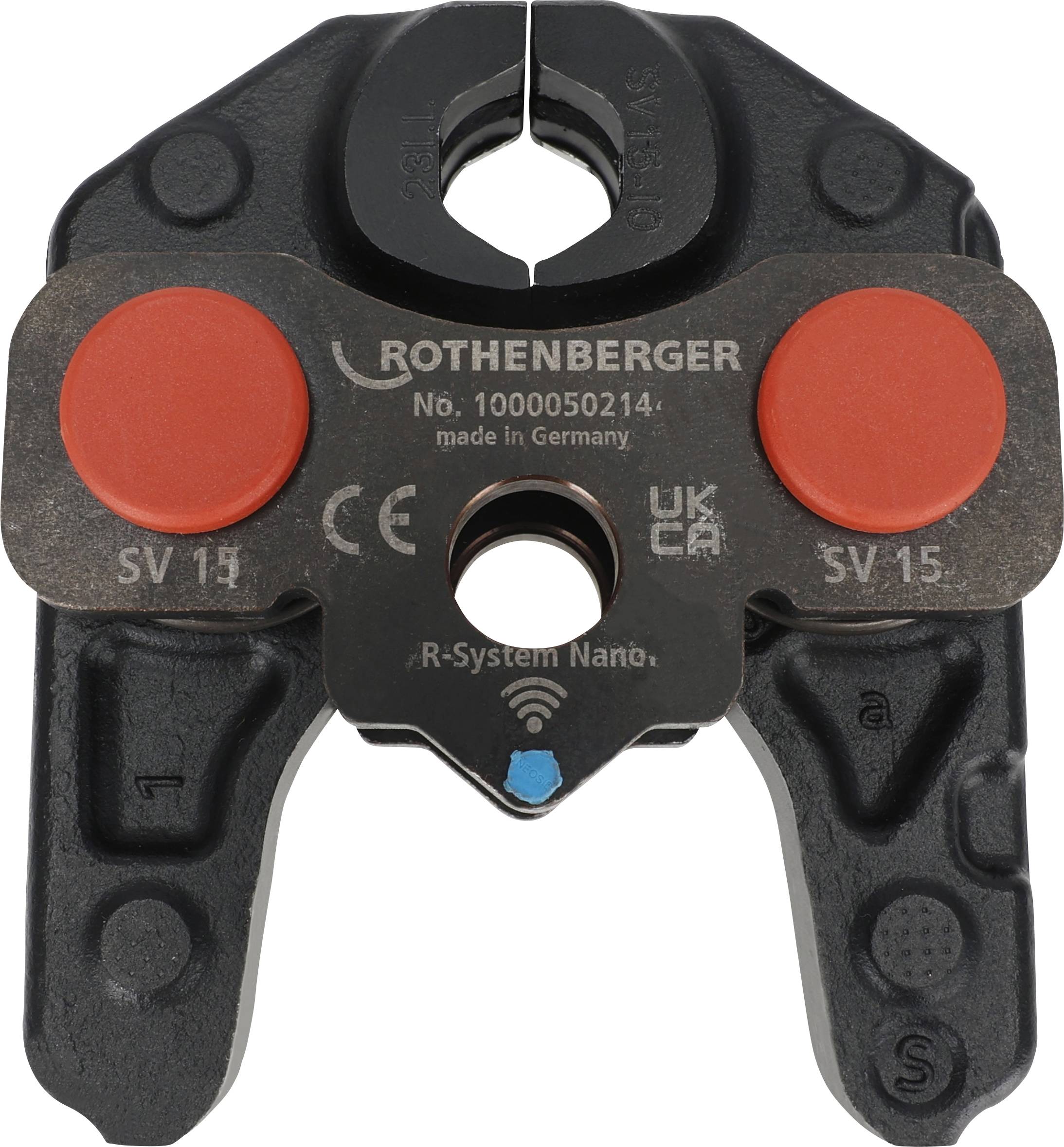 Werkzeugkomponente mit Bezeichnung 'ROTHENBERGER' mit roten Kreisen, Teilenummer '1000050214', hergestellt in Deutschland, verwendet für SV 15-Verschraubungen.