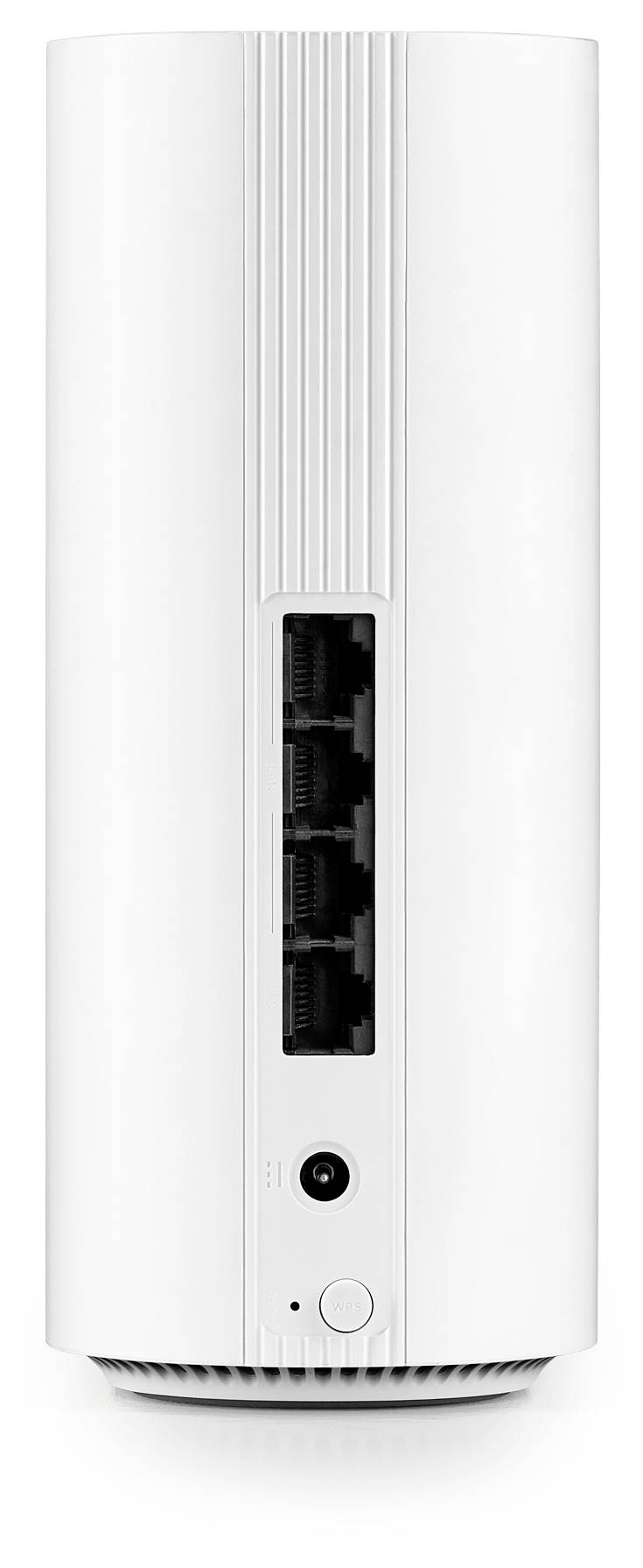 Ein weißer zylindrischer WLAN-Router mit Anzeigelichtern und sichtbaren Ethernet-Anschlüssen an der Seite.