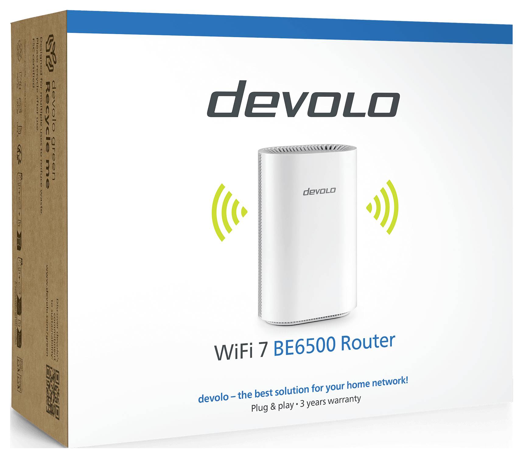 Devolo WiFi 7 BE6500 Router-Verpackung mit dem Text „devolo – die beste Lösung für Ihr Heimnetzwerk! Plug & Play · 3 Jahre Garantie