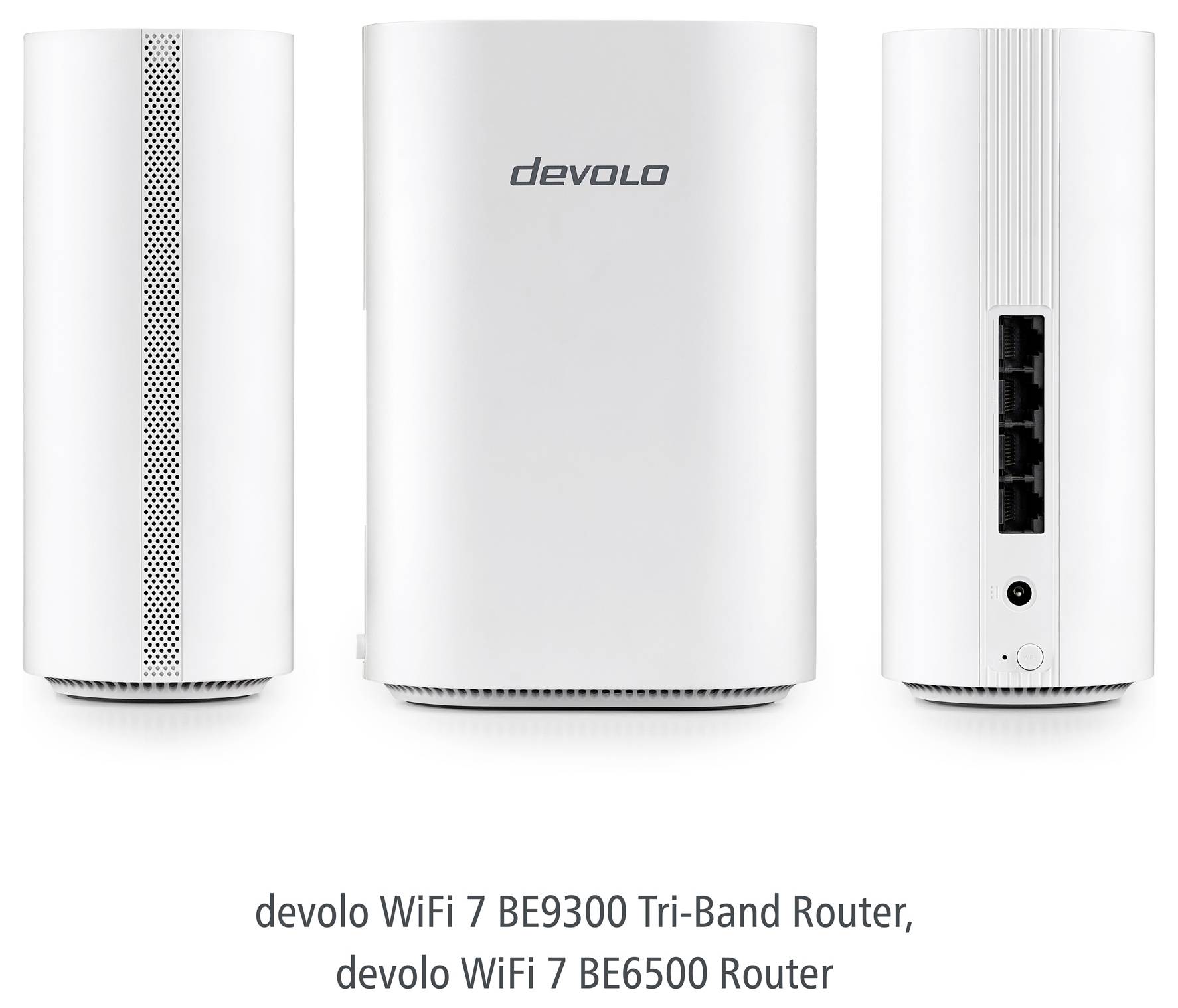 Weiße, zylindrische Devolo WiFi 7 Router, von vorne und hinten gezeigt, mit mehreren Anschlüssen, gekennzeichnet als BE9300 und BE6500 Modelle.