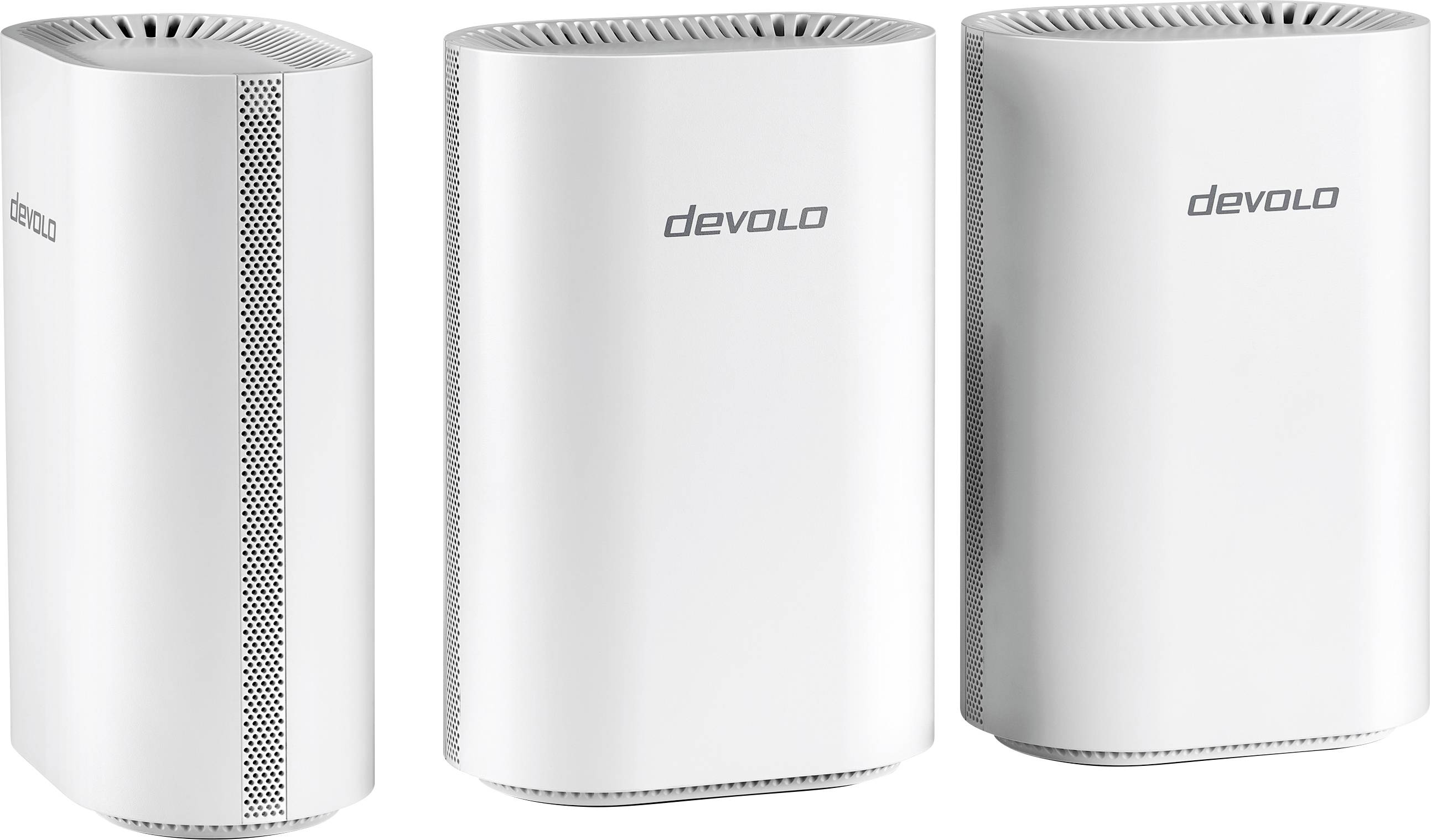 Drei weiße Devolo Wi-Fi Repeater hintereinander aufgereiht, die ein elegantes, modernes Design mit Belüftungsschlitzen oben und an den Seiten zeigen.