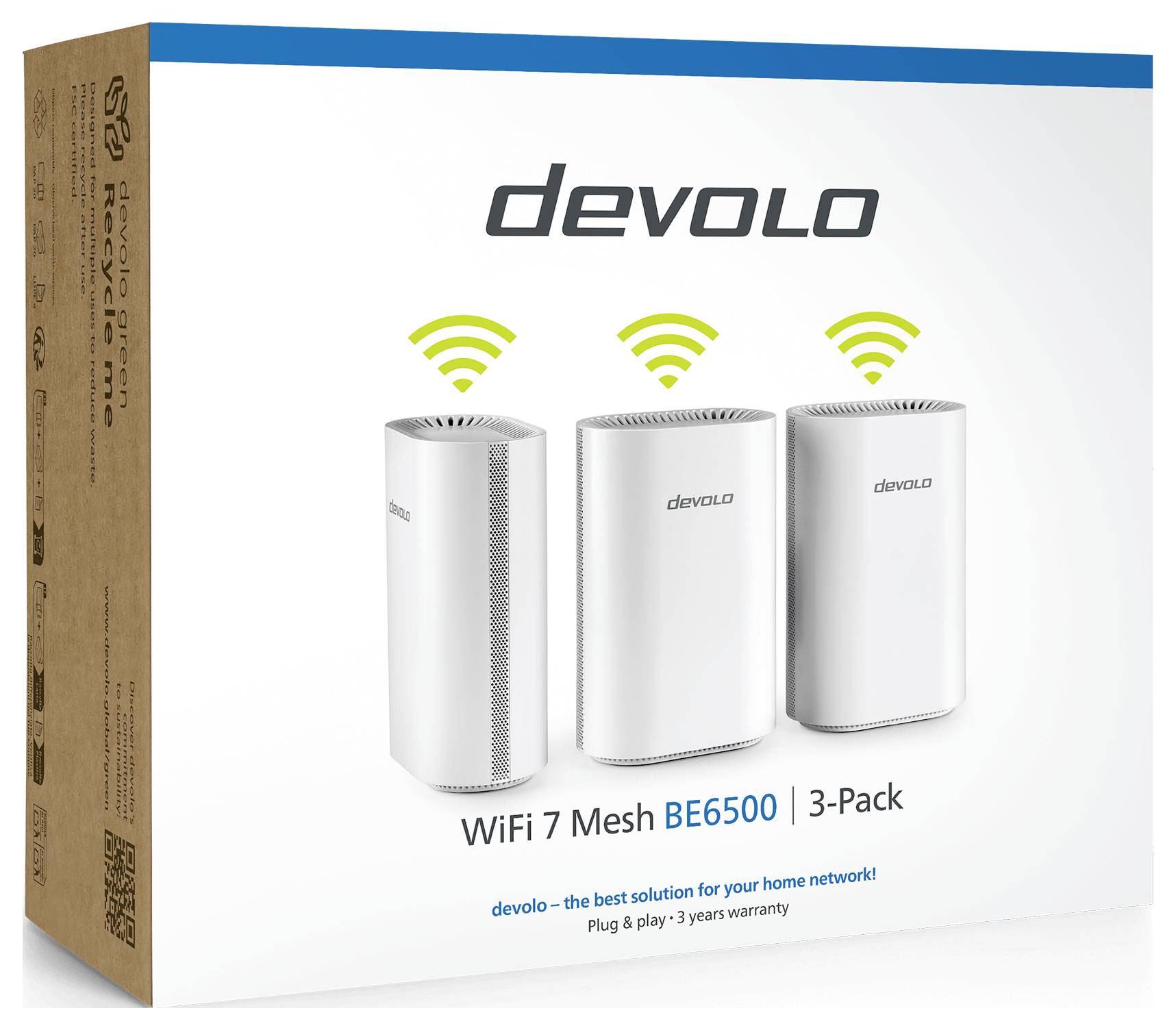 Bild einer Devolo WiFi 7 Mesh BE6500 3er-Pack-Box, die drei weiße Mesh-Geräte zeigt. Der Text hebt WiFi-Funktionen und Garantie hervor.