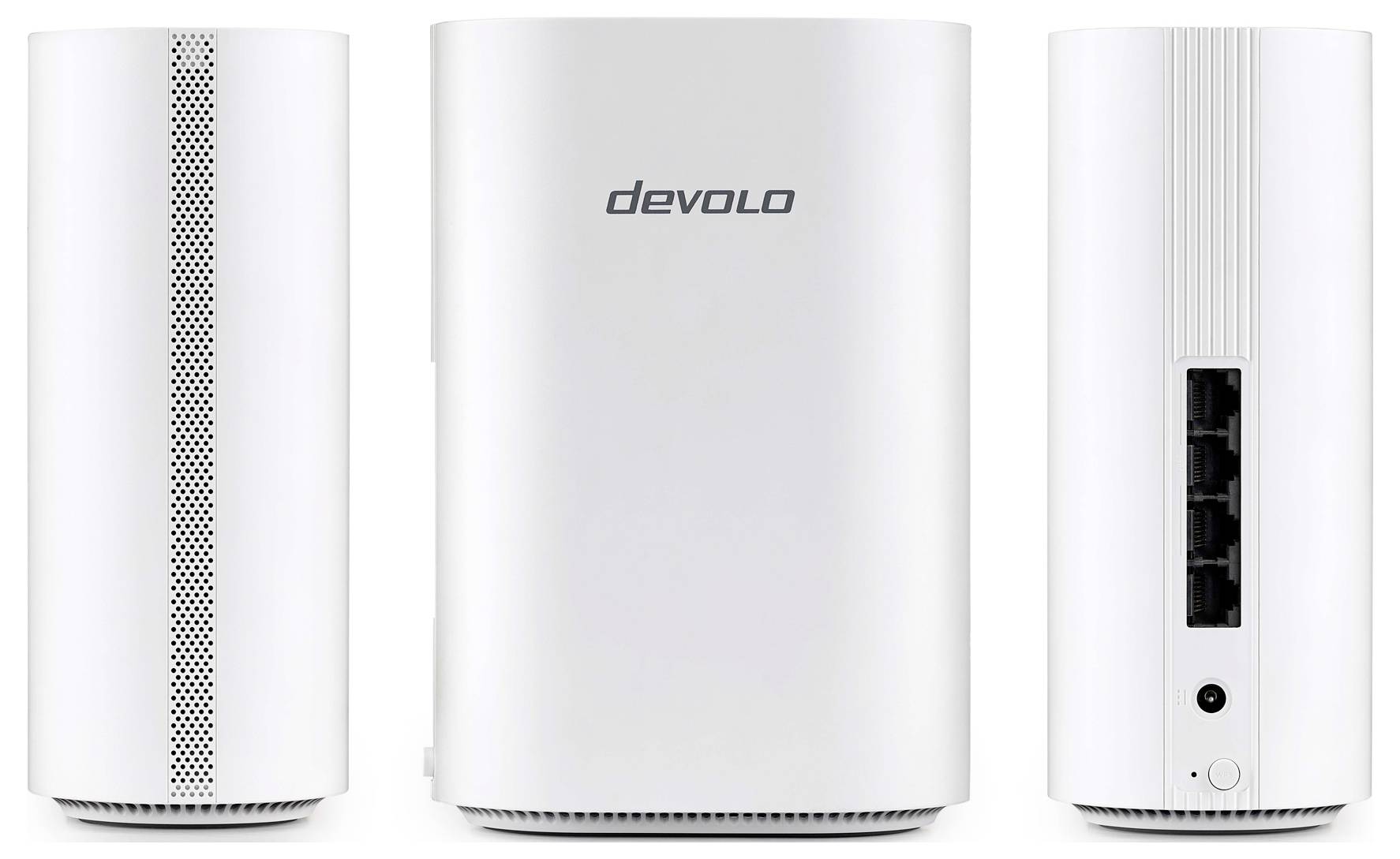 Drei Ansichten eines weißen Devolo-Netzwerkgeräts: Vorderseite mit Logo, Seitenseite mit Belüftung und Rückseite mit vier Ethernet-Anschlüssen und Stromanschluss.