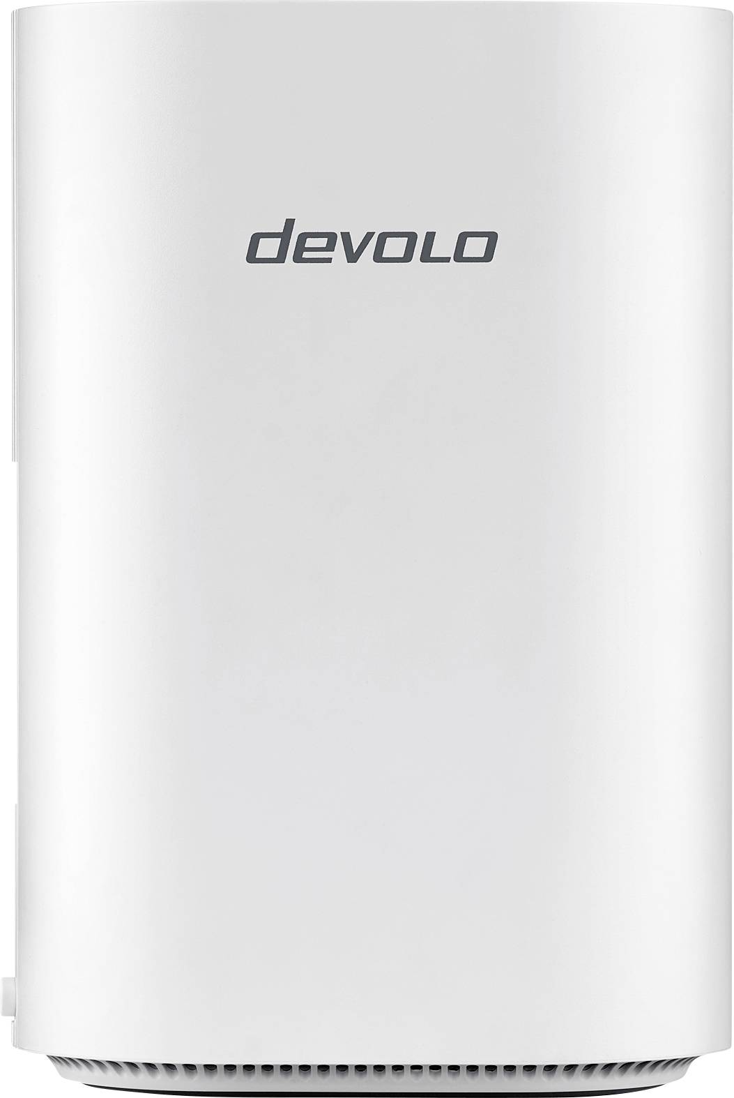Ein weißes Devolo-WiFi-Repeater mit minimalistischem Design, das das Devolo-Logo in schwarzer Schrift auf seiner Vorderseite anzeigt.