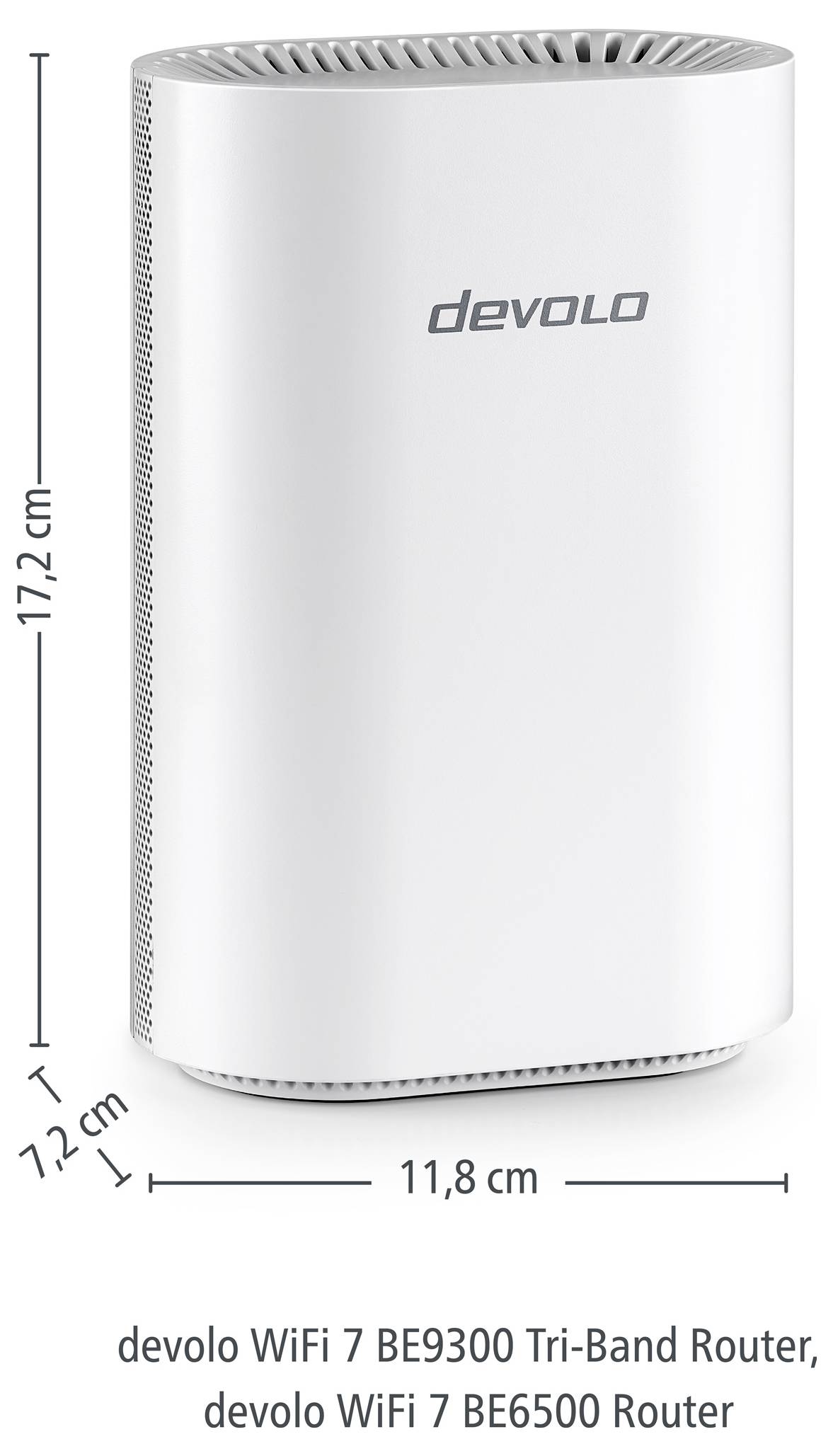 Ein weißer devolo WiFi 7 Tri-Band Router mit Abmessungen: 17,2 cm hoch, 11,8 cm breit, 7,2 cm tief.