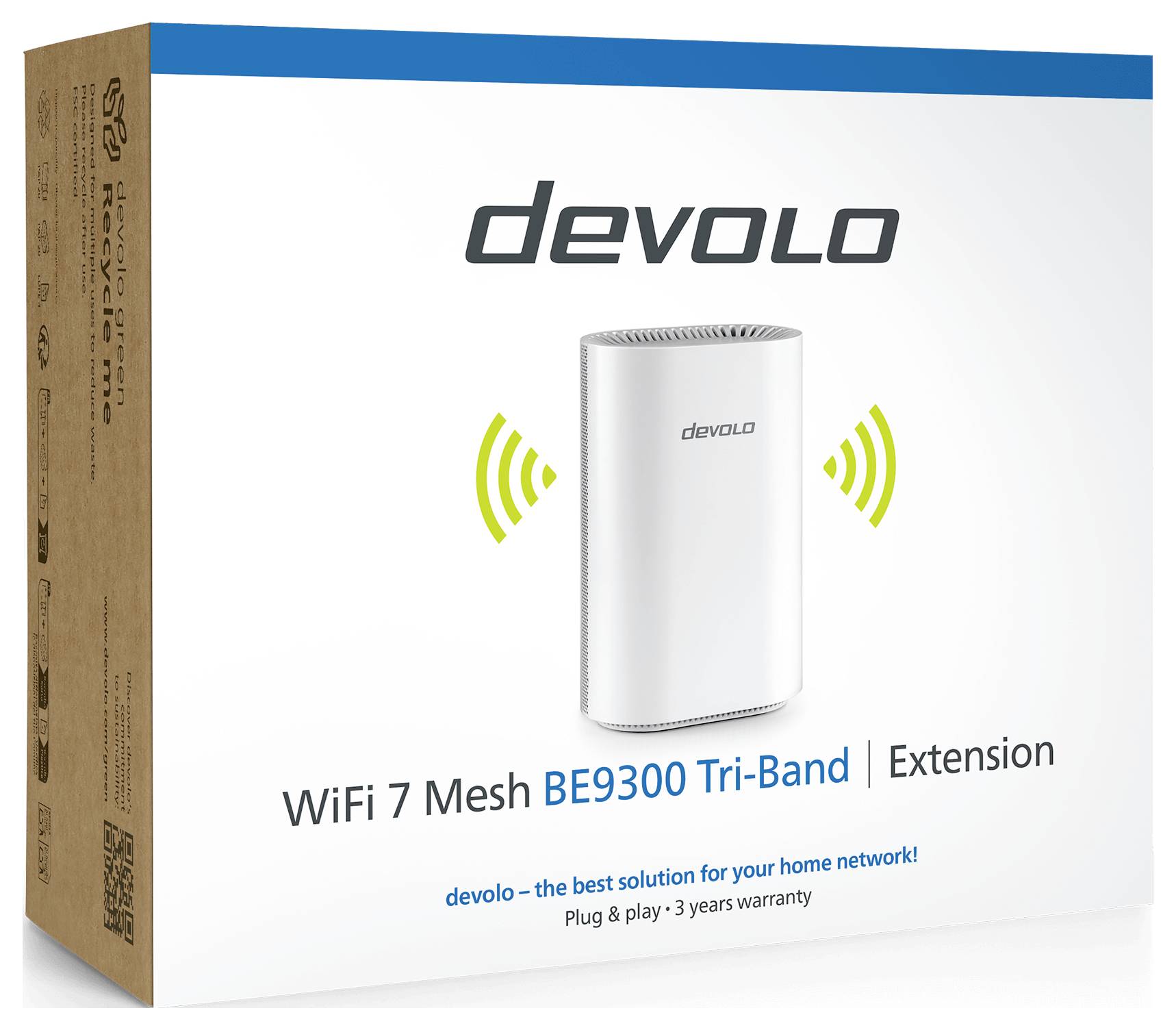 WiFi 7 Mesh BE9300 Tri-Band Erweiterung von devolo, dargestellt in Einzelhandelsverpackung, fördert die Verbesserung des Heimnetzwerks und die einfache Einrichtung.