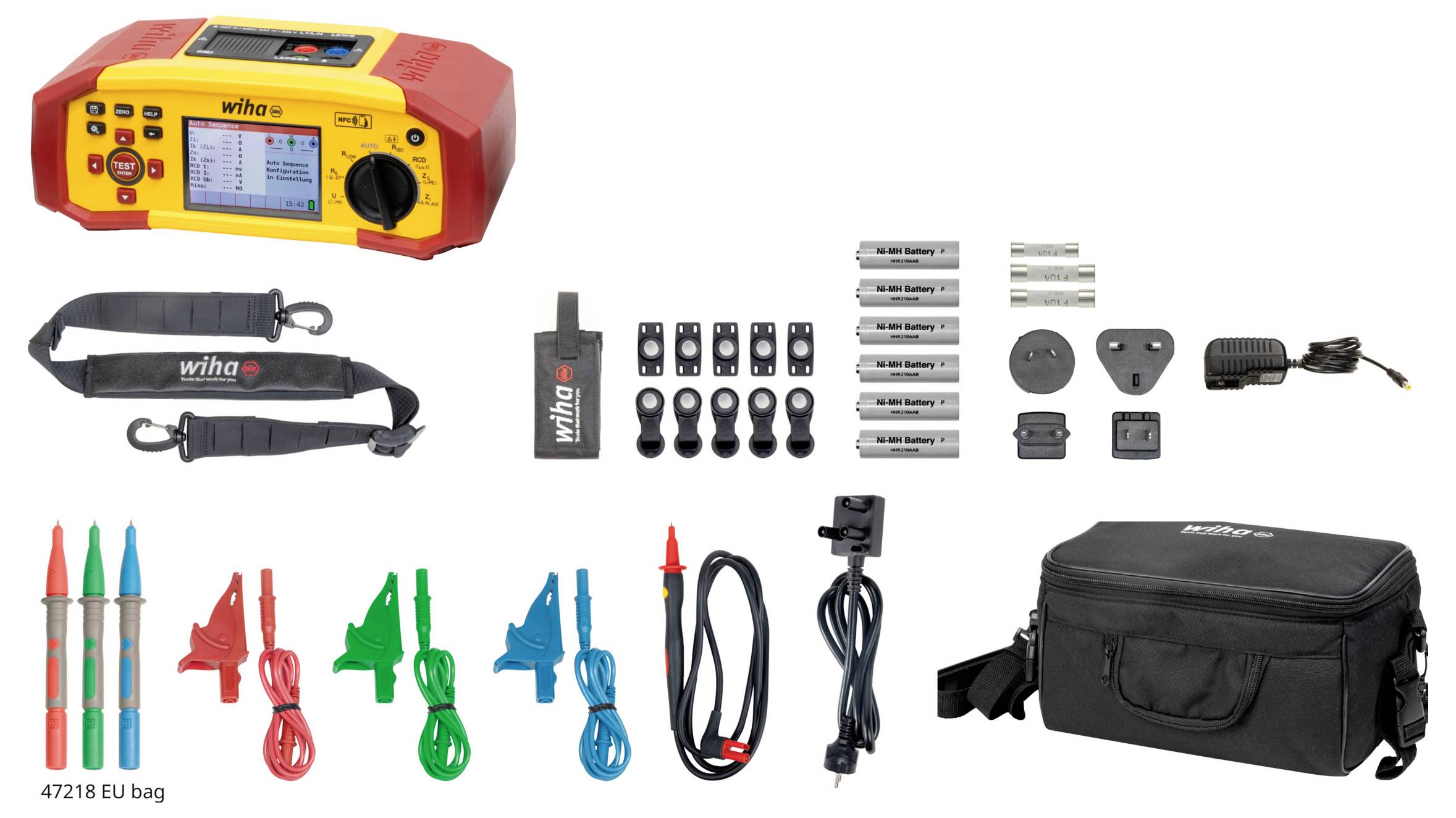 Elektrische Testausrüstung mit digitaler Anzeige, verschiedene Kabel, Stecker und Klemmen. Enthält einen schwarzen Koffer und einen Adapter.