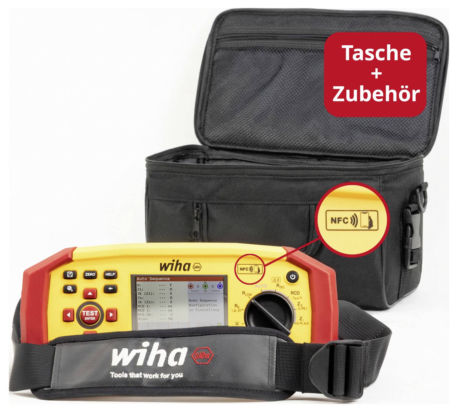 Messgerät von Wiha mit Tragegurt vor offener Transporttasche; Hinweis 'Tasche + Zubehör' und vergrößerte NFC-Markierung am Gerät.