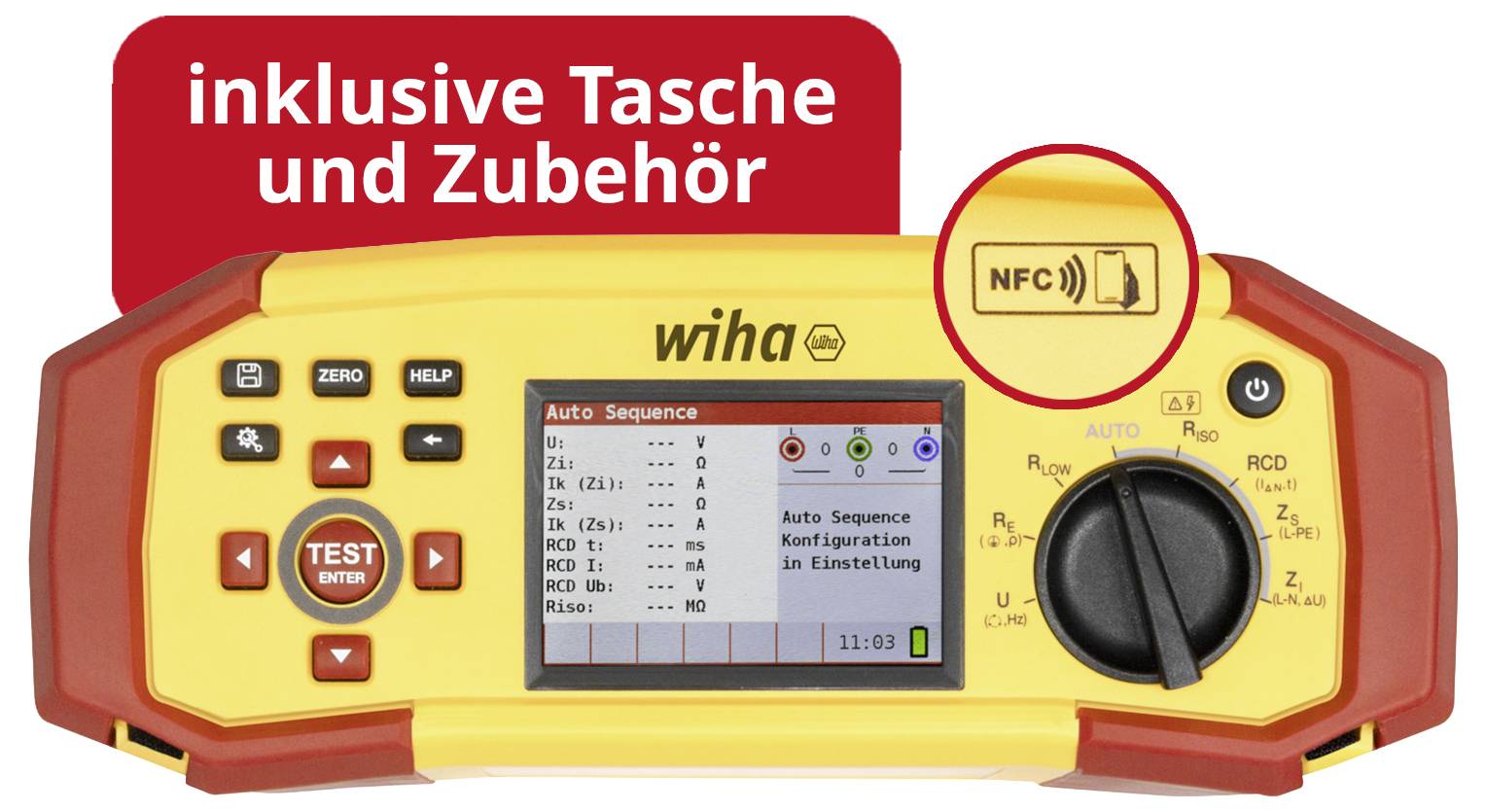 Isolationsprüfer mit Display und Drehschalter; Hinweis 'inklusive Tasche und Zubehör' sowie NFC-Symbol hervorgehoben.