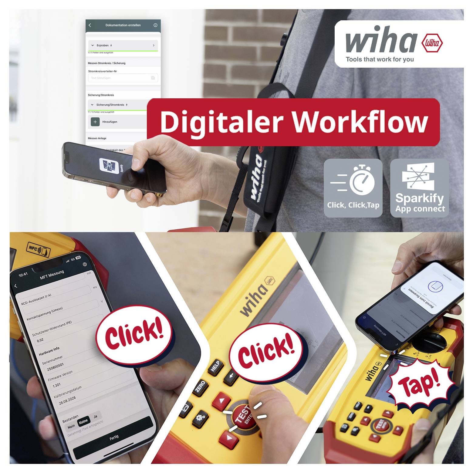 Werbegrafik zum 'Digitalen Workflow' von wiha: Smartphone-App steuert Messgerät per 'Click, Click, Tap'; unten drei Aufnahmen mit Smartphone, Gerät und 'Click!/Tap!'-Hinweisen.<br>