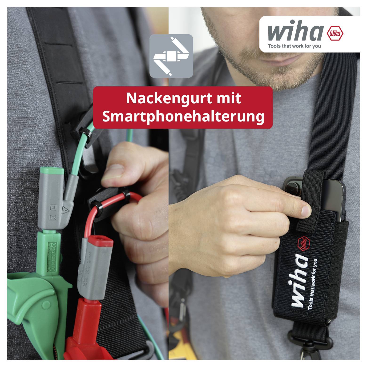 Werbung für einen Nackengurt mit Smartphonehalterung: eine Person befestigt den Halter am Gurt; rechts ist das eingelegte Gerät in der Tasche zu sehen.<br>