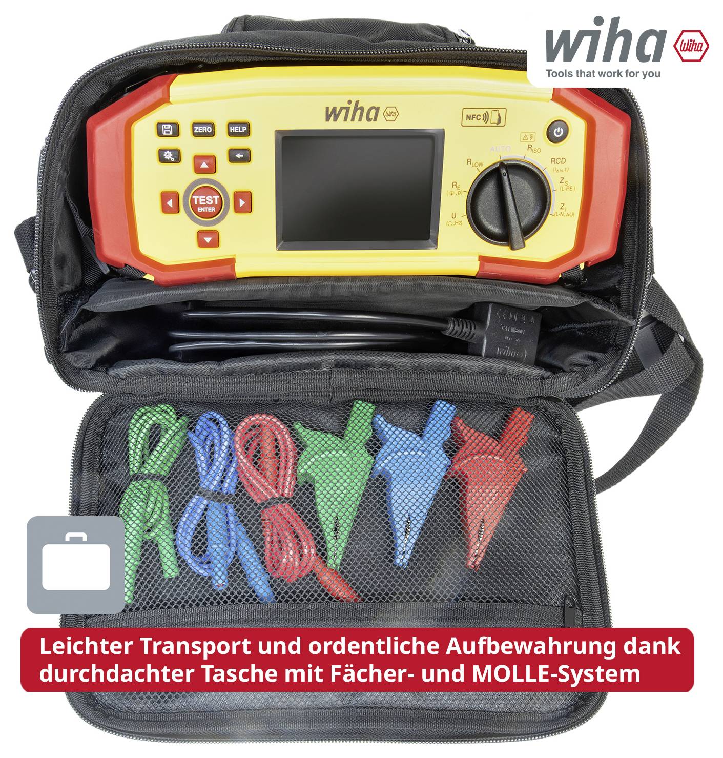 Tragetasche mit Wiha-Prüfgerät und Messleitungen; Aufbewahrung und Transport dank Fächer- und MOLLE-System.
