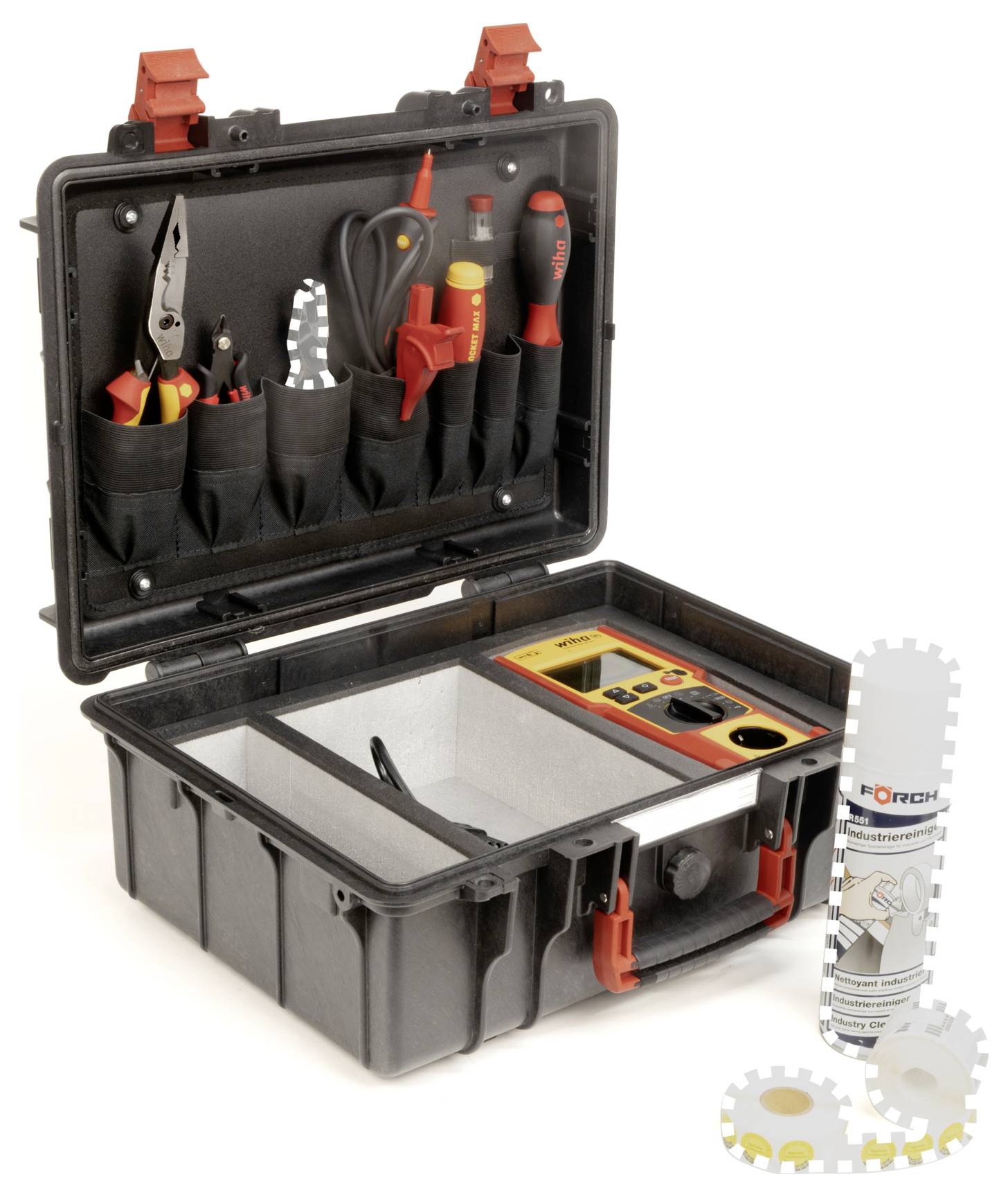 Offener schwarzer Werkzeugkasten mit verschiedenen Werkzeugen, einschließlich Zangen, Schraubendrehern und einem Messinstrument. Daneben befinden sich eine Sprühdose und zwei kreisförmige Gegenstände.