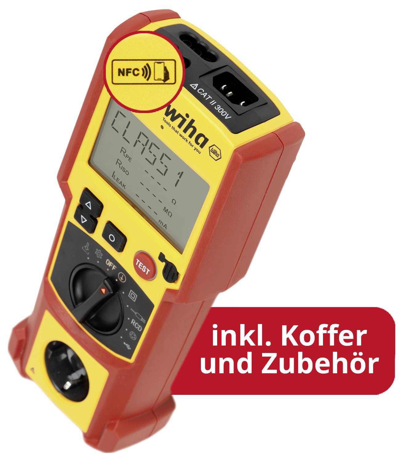 Widerstandsprüfer von Wiha mit NFC, Anzeige 'CLASS 1' und dem Hinweis 'inkl. Koffer und Zubehör'.