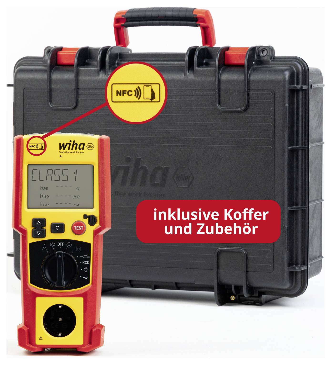 Wiha-Prüfgerät vor schwarzem Koffer; Beschriftung 'inklusive Koffer und Zubehör' und NFC-Symbol.<br>