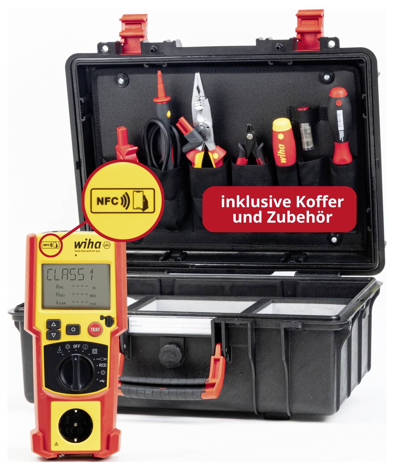 WLAN-Tester in Gelb-Rot mit NFC-Symbol vor offenem Koffer mit Zubehör; Aufdruck: 'inklusive Koffer und Zubehör'.