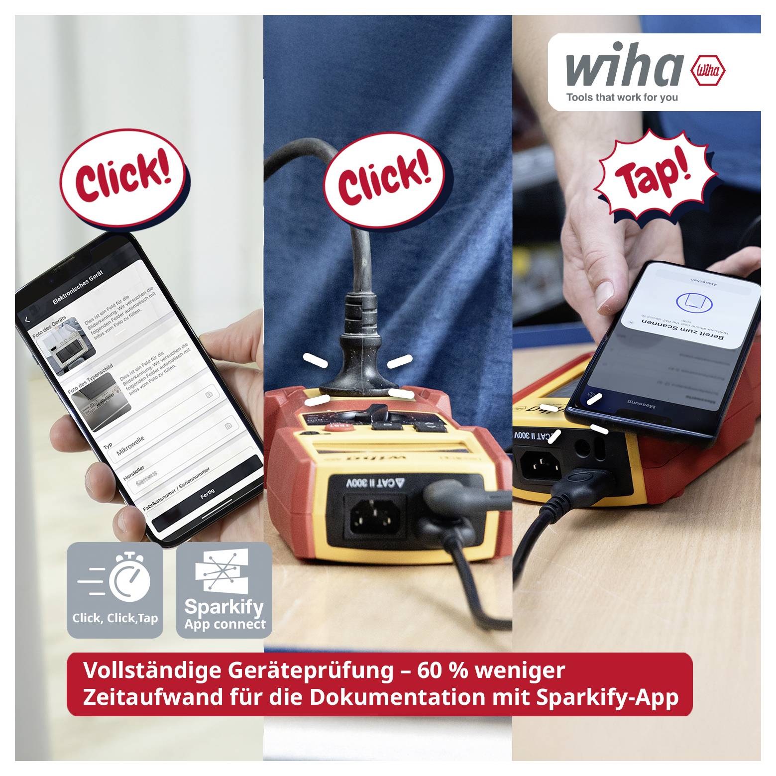 Werbe-Grafik mit drei Handy-Szenen: 'Click!' beim Scannen, 'Click!' am Prüfgerät und 'Tap!' bei der App-Bestätigung; Sparkiy-App für Geräteprüfung.<br>