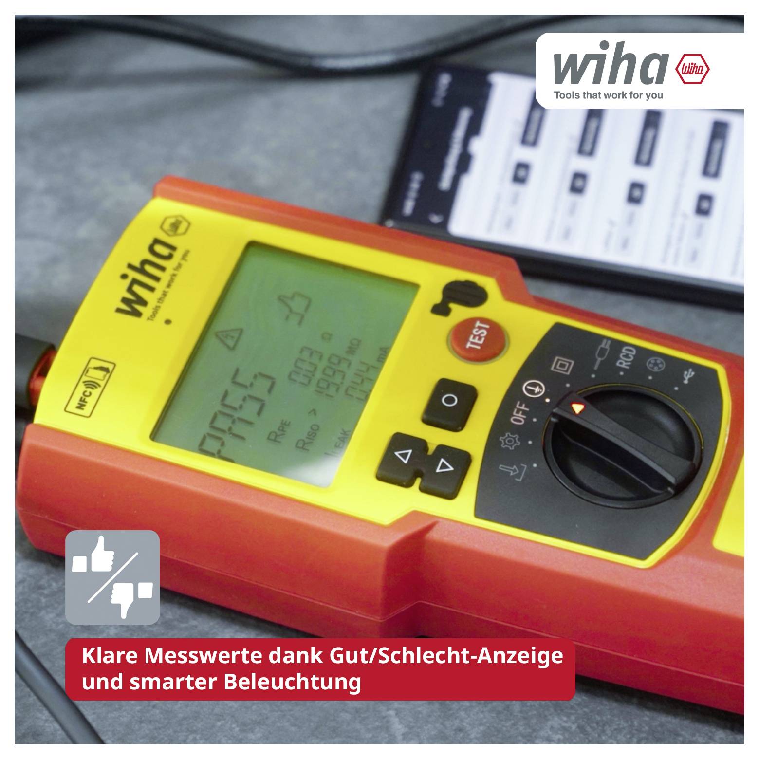 Wiha-Messgerät mit Display und Drehschalter; eingeblendeter Text: 'Klare Messwerte dank Gut/Schlecht-Anzeige und smarter Beleuchtung'.