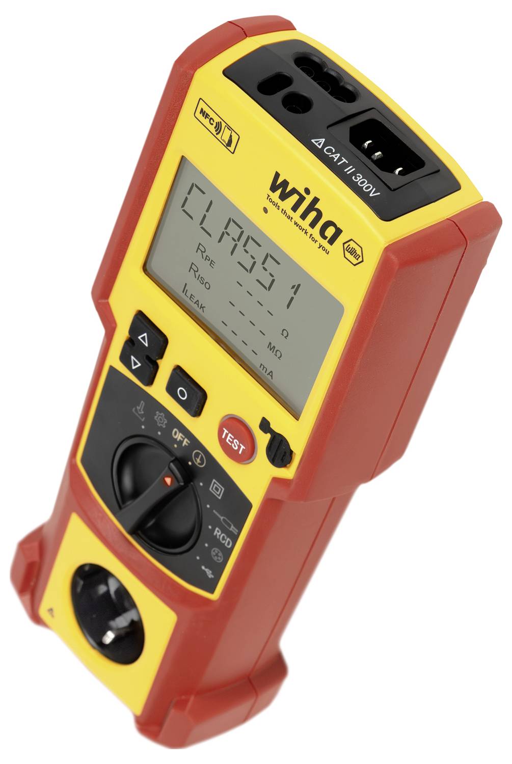 Tragbares Wiha-Messgerät zur Elektroprüfung mit Display, Drehrad und TEST-Taste, rot-gelbes Gehäuse mit Anschlussbuchsen oben und unten.