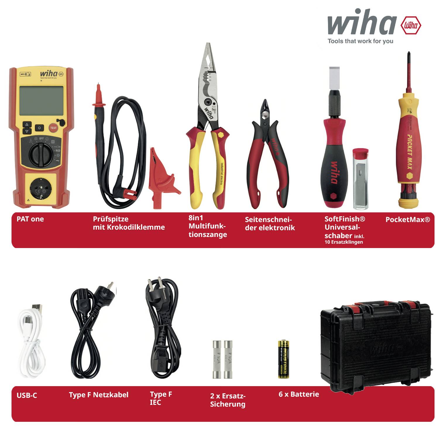 Wiha-Werkzeugset mit PAT one, Prüfspitze, Multifunktionszange, Seitenschneider, Schraubendreher, Bits, Kabeln, Sicherungen, Batterien und Koffer<br>