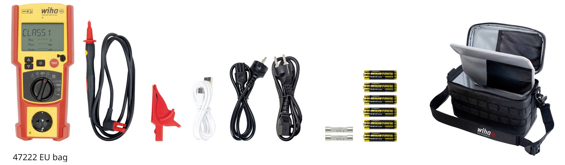 Ein digitales Multimeter mit Zubehör einschließlich Messspitzen, Ladekabeln, Batterien und einer Tragetasche, gekennzeichnet als „47222 EU bag