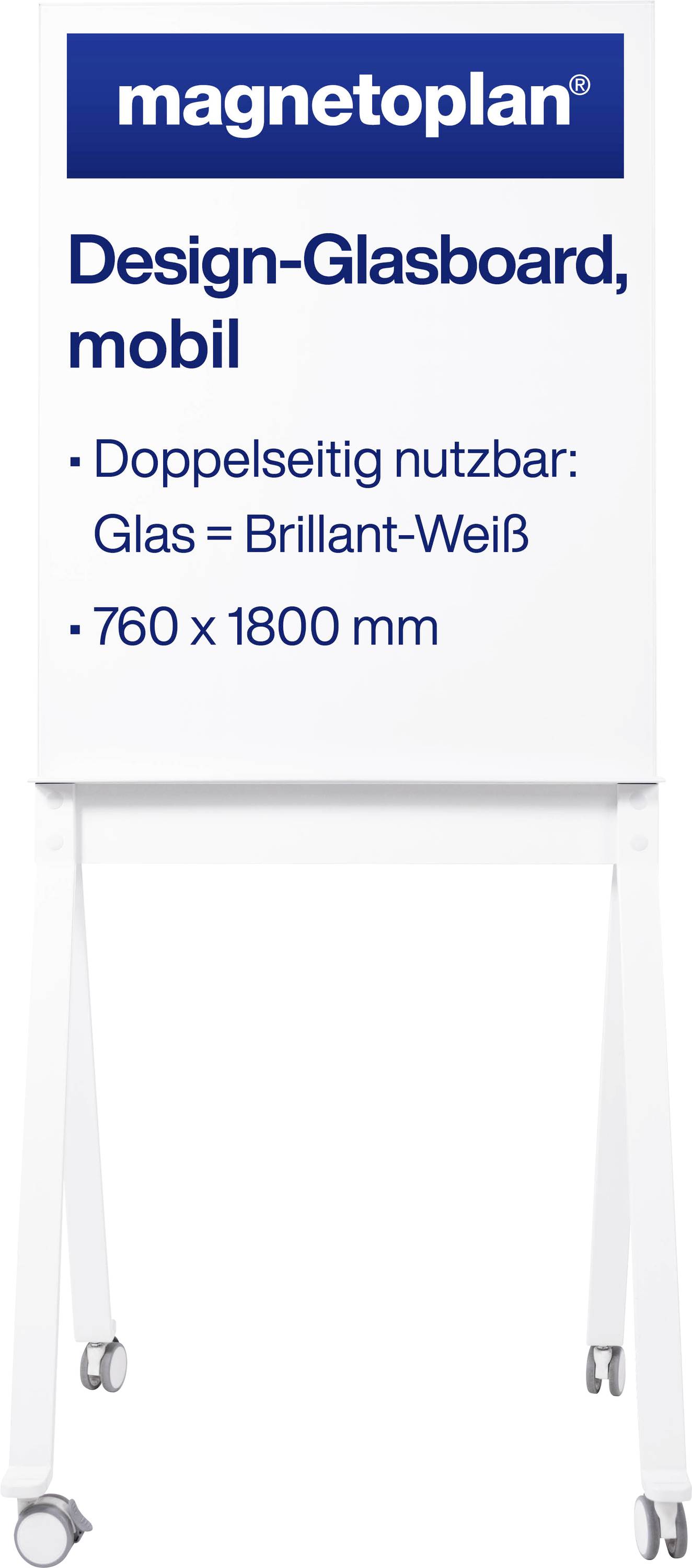 Fahrbares Glasboard mit den Maßen 760 x 1800 mm, doppelseitig nutzbar, Glas in brillant-weiß.