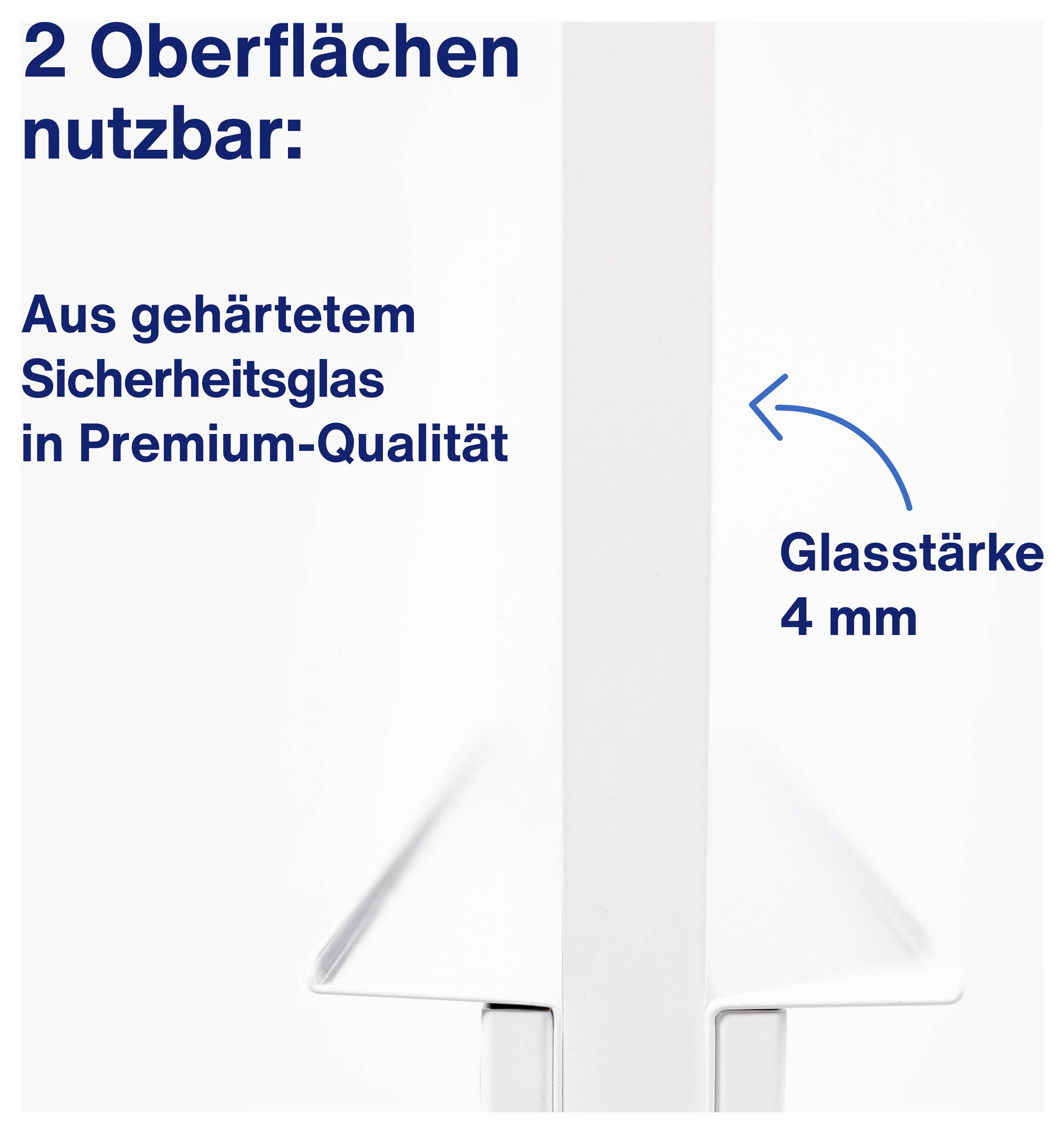 Weiße Regalfläche mit Text: '2 Oberflächen nutzbar', 'Aus gehärtetem Sicherheitsglas in Premium-Qualität', 'Glasstärke 4 mm'.