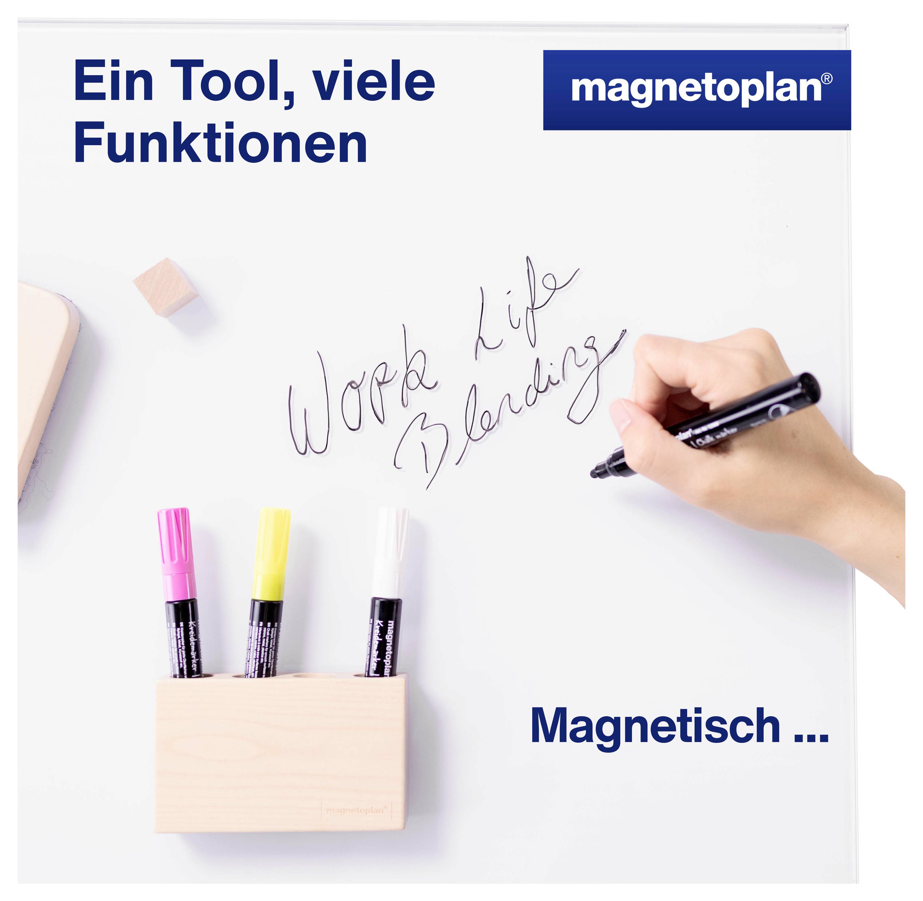 Eine Hand schreibt mit einem Stift 'Work Life Blending' auf ein weißes Magnetboard. Text: 'Ein Tool, viele Funktionen, Magnetisch'.