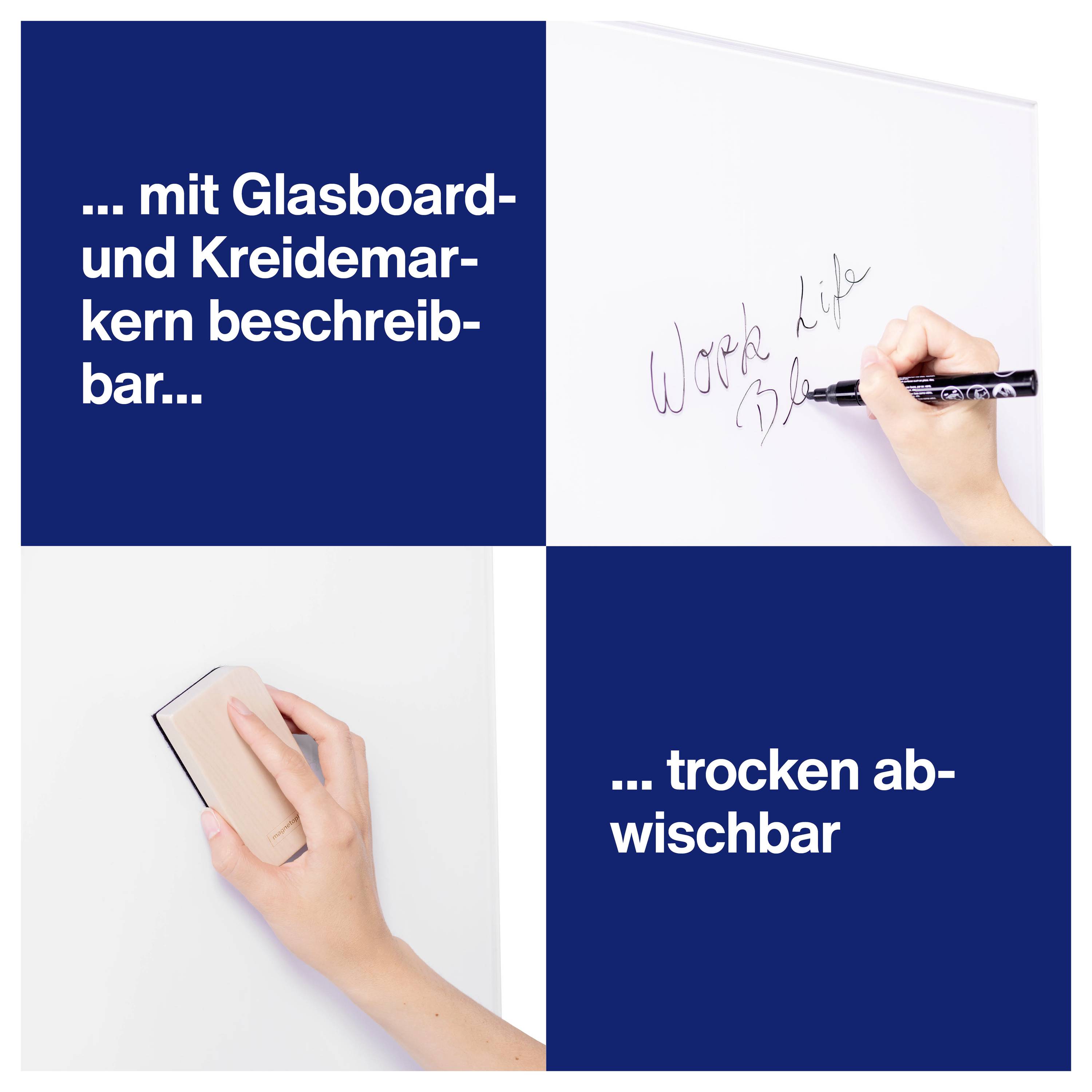 'Hand schreibt auf Glasboard, Text 