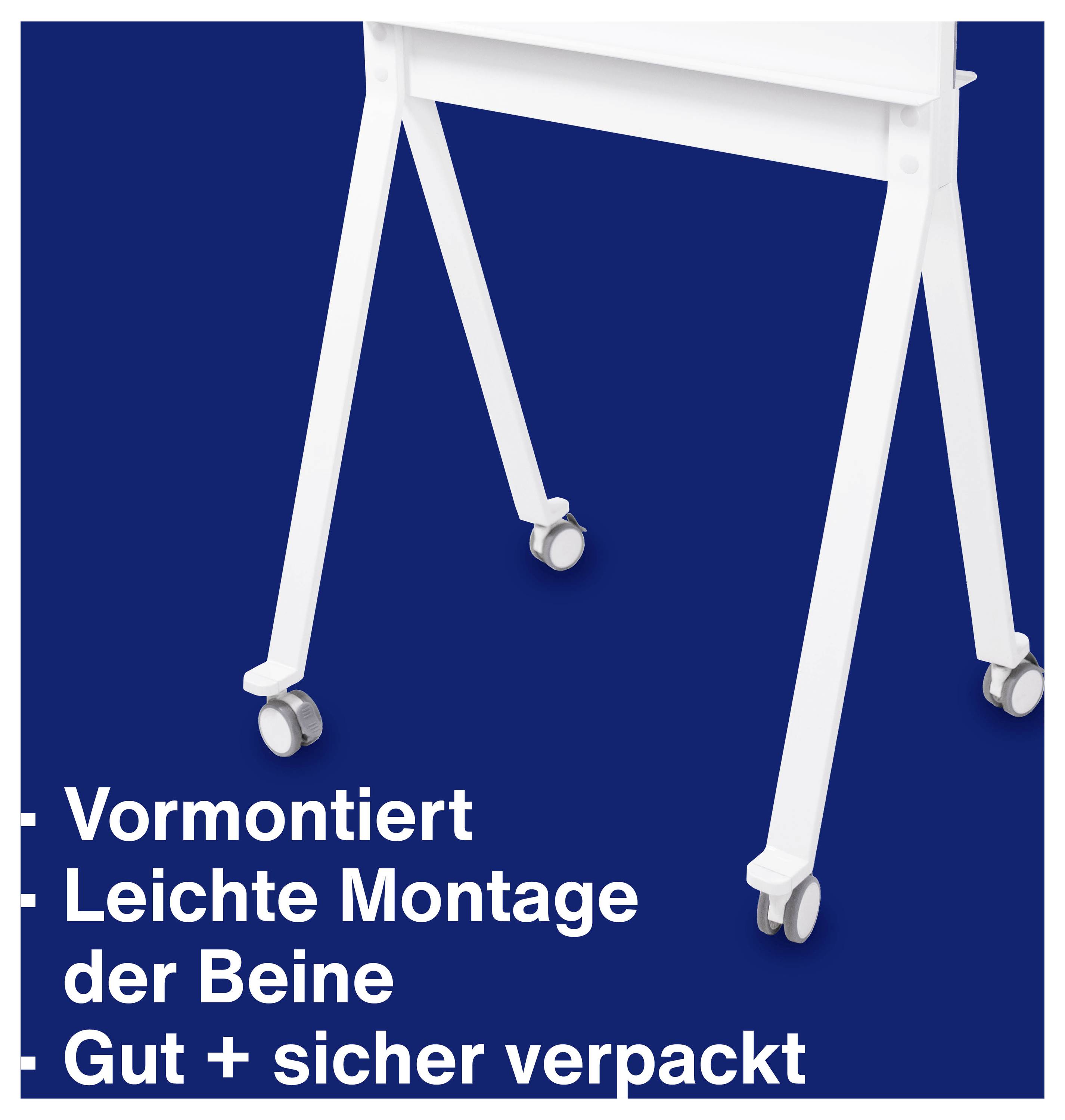 Weiße Tischbeine mit Rollen auf blauem Hintergrund, begleitet von Text: 'Vormontiert, Leichte Montage der Beine, Gut + sicher verpackt'.