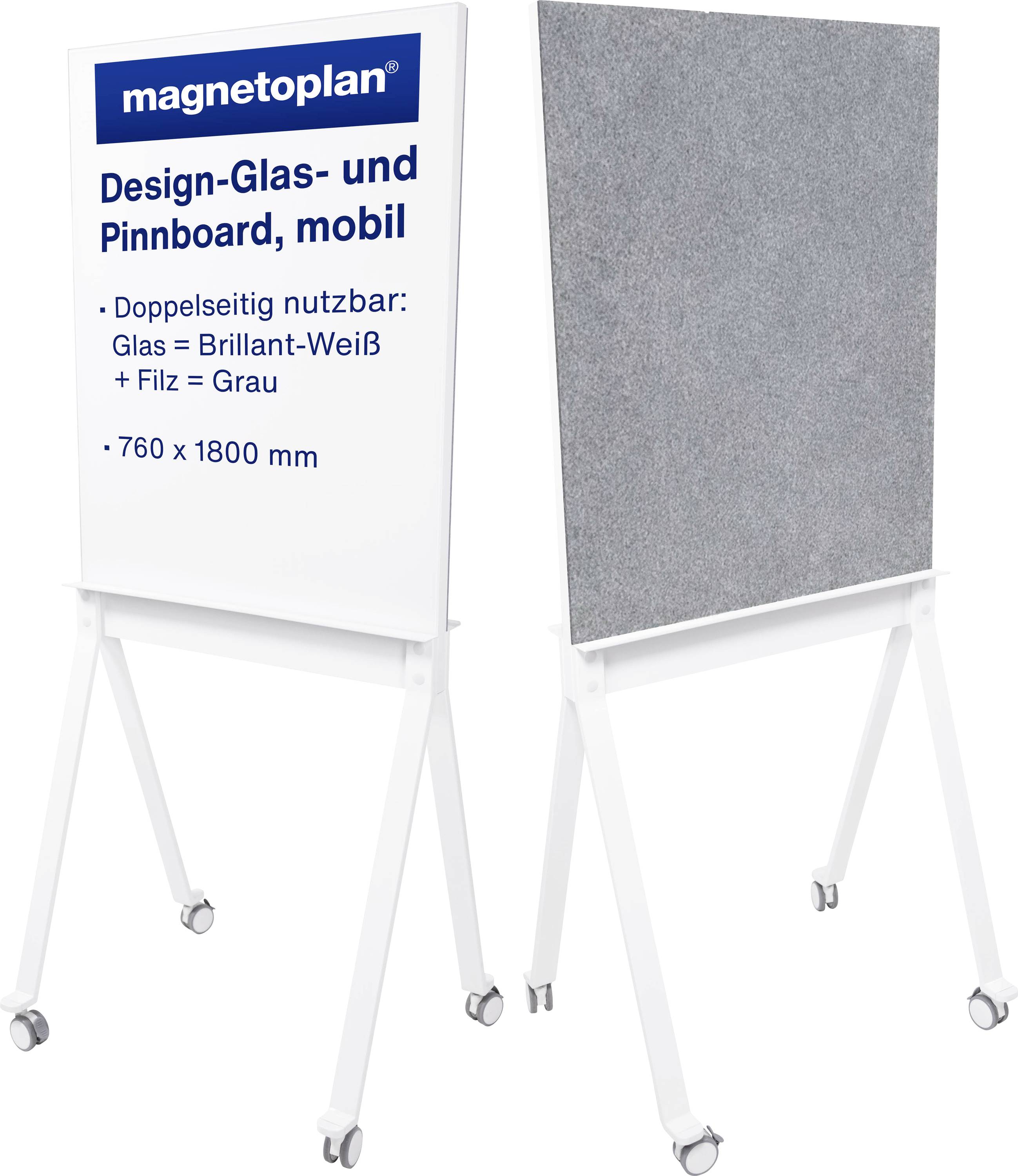 Zwei mobile Pinnwände von Magnetoplan, eine Glas- und eine Filztafel, beide 760 x 1800 mm, doppelseitig nutzbar mit weißen Rahmen.