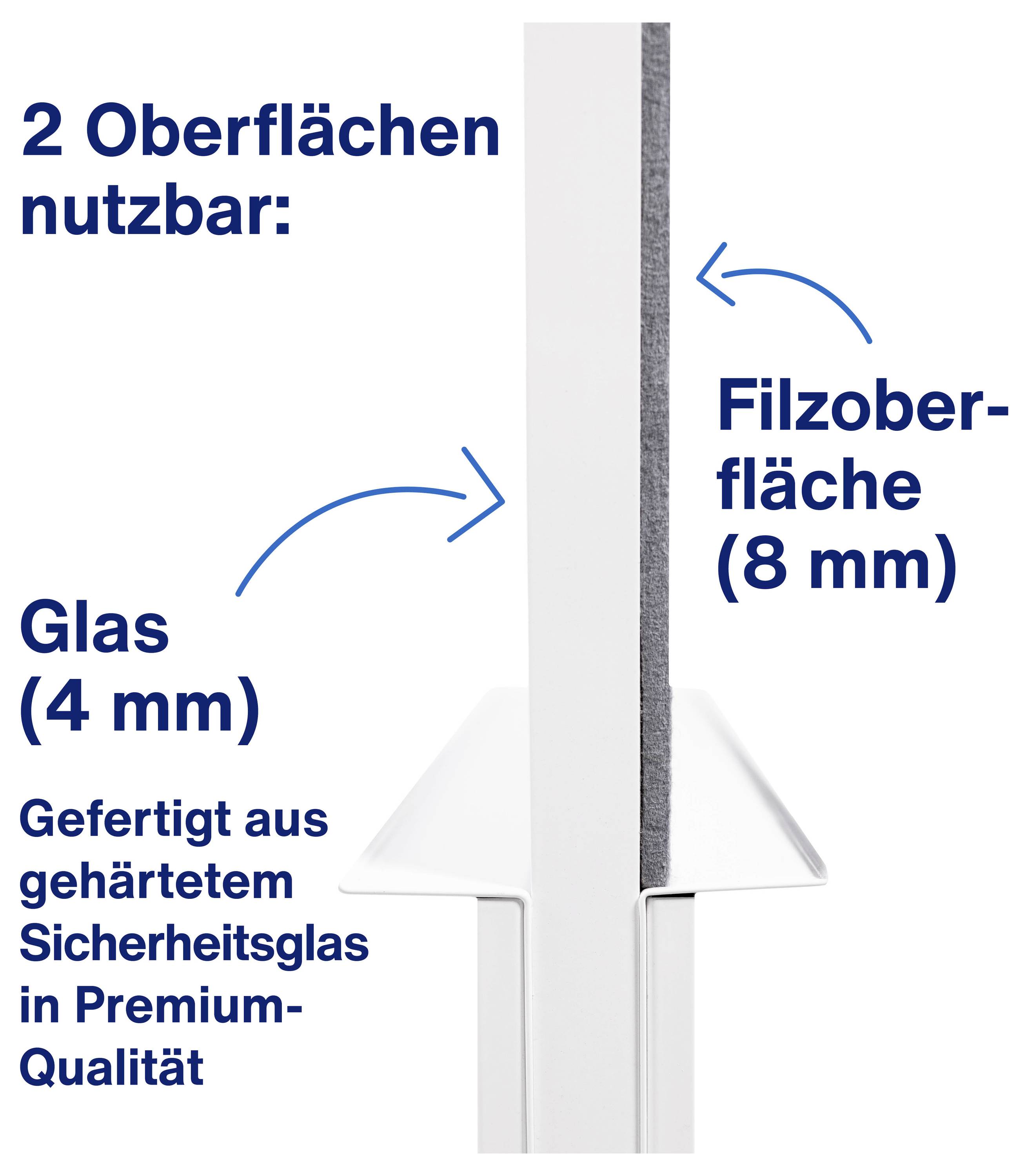 Diagramm zeigt zwei Oberflächen nutzbar: Glas (4 mm) und Filz (8 mm). Gefertigt aus gehärtetem Sicherheitsglas in Premium-Qualität.