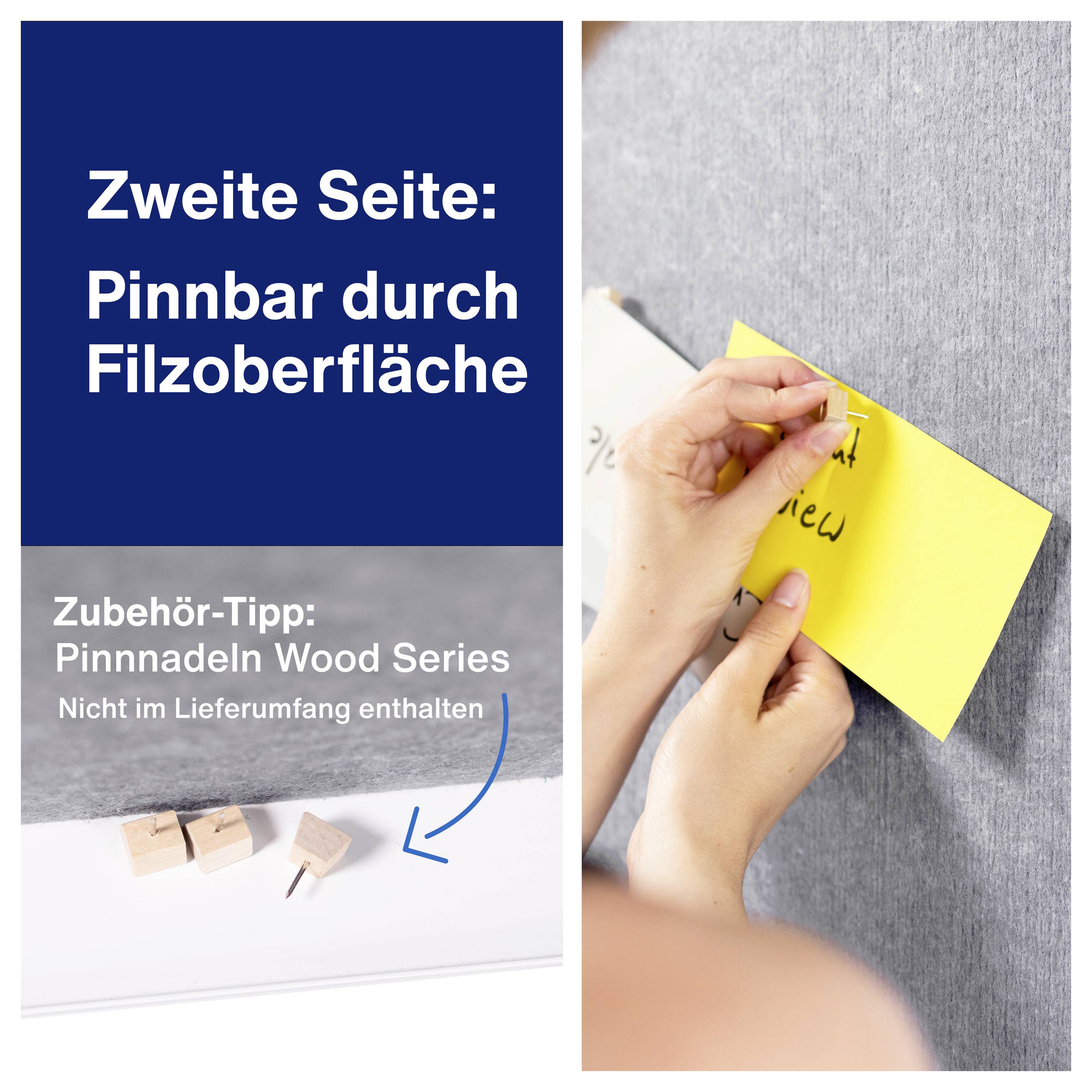 Person heftet ein gelbes Papier an eine Filzoberfläche. Links Text: 'Zweite Seite: Pinnbar durch Filzoberfläche'. Zubehör-Tipp unten.