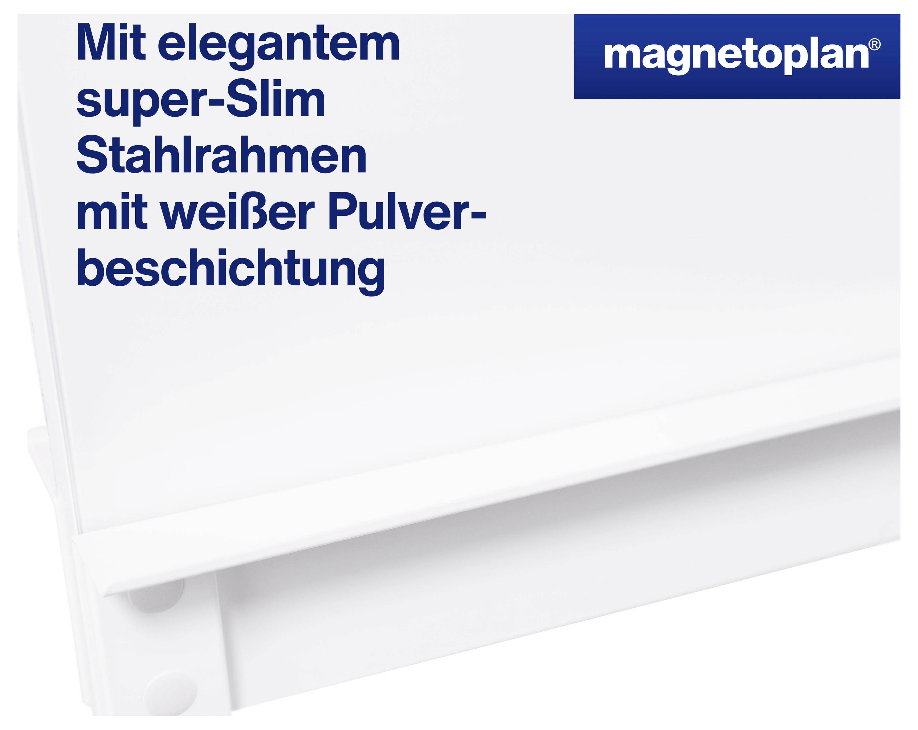 'Magnetoplan' Logo und Text: 'Mit elegantem super-slim Stahlrahmen mit weißer Pulverbeschichtung.'