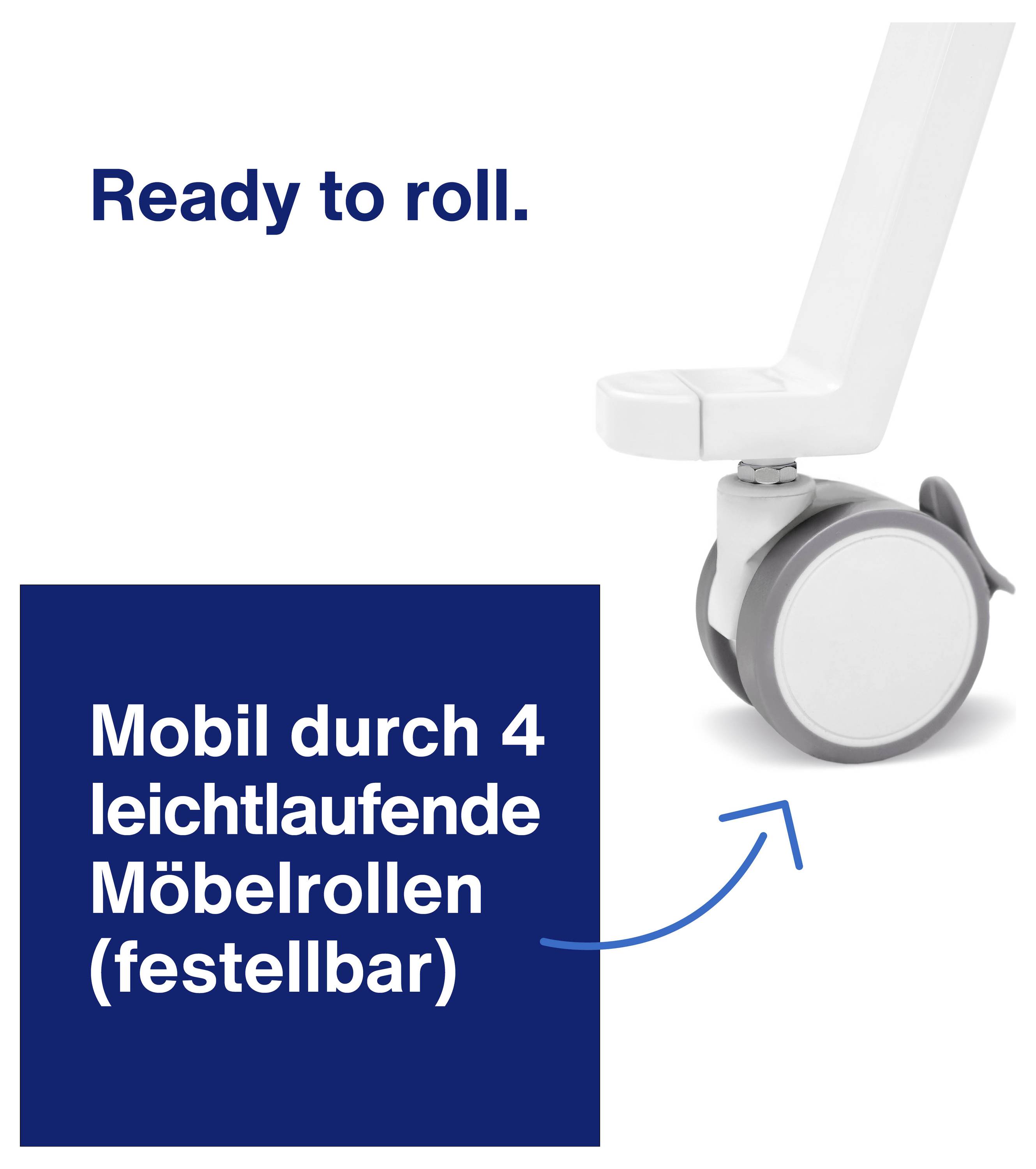 Ein Möbelstück mit einer feststellbaren Rolle wird gezeigt. Text lautet: 'Mobil durch 4 leichtlaufende Möbelrollen (feststellbar)'.