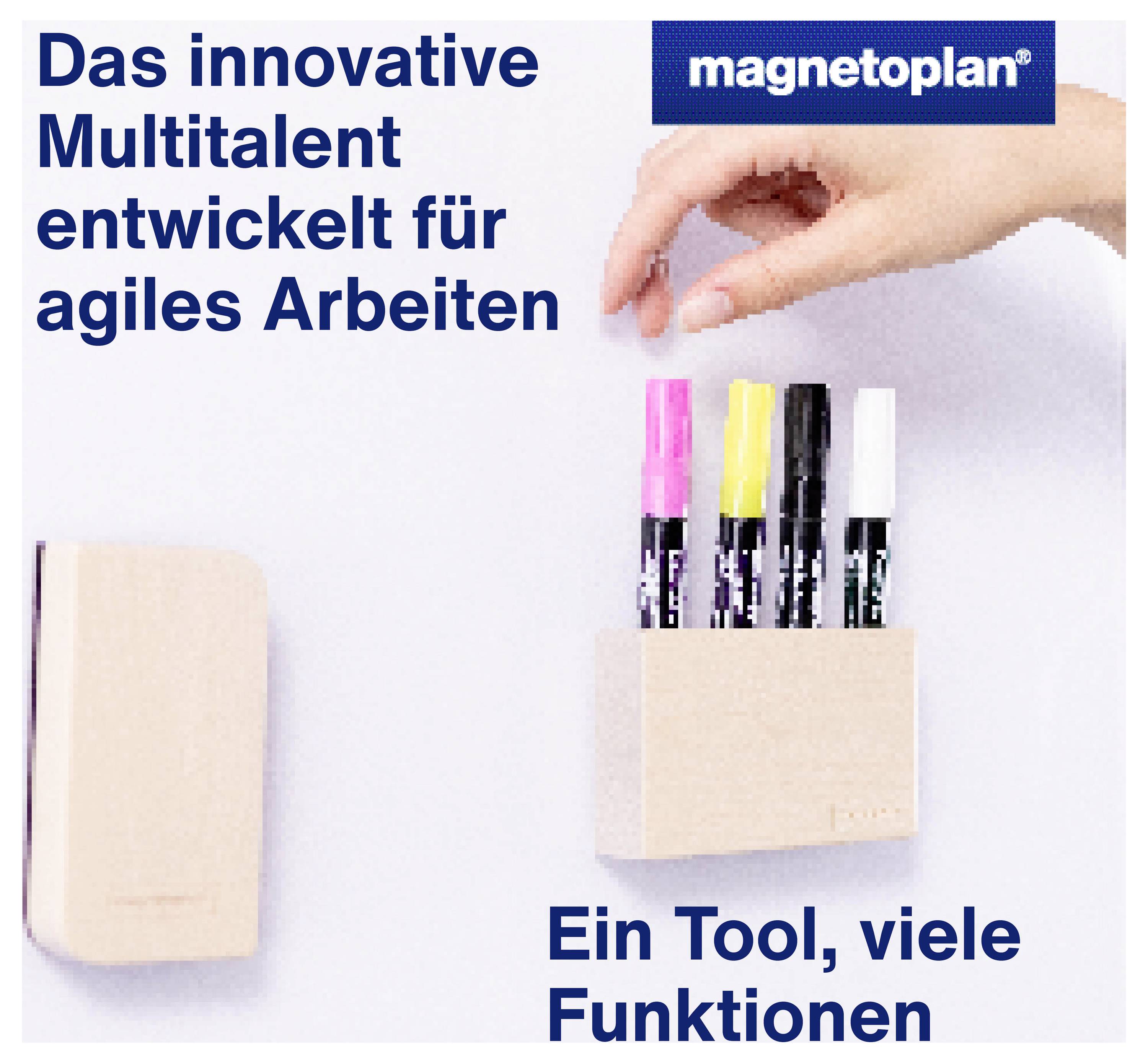 Ein magnetisches Wandhalter-Set mit Stiften, beworben für agiles Arbeiten. Markennamen und Slogan im Bild enthalten.