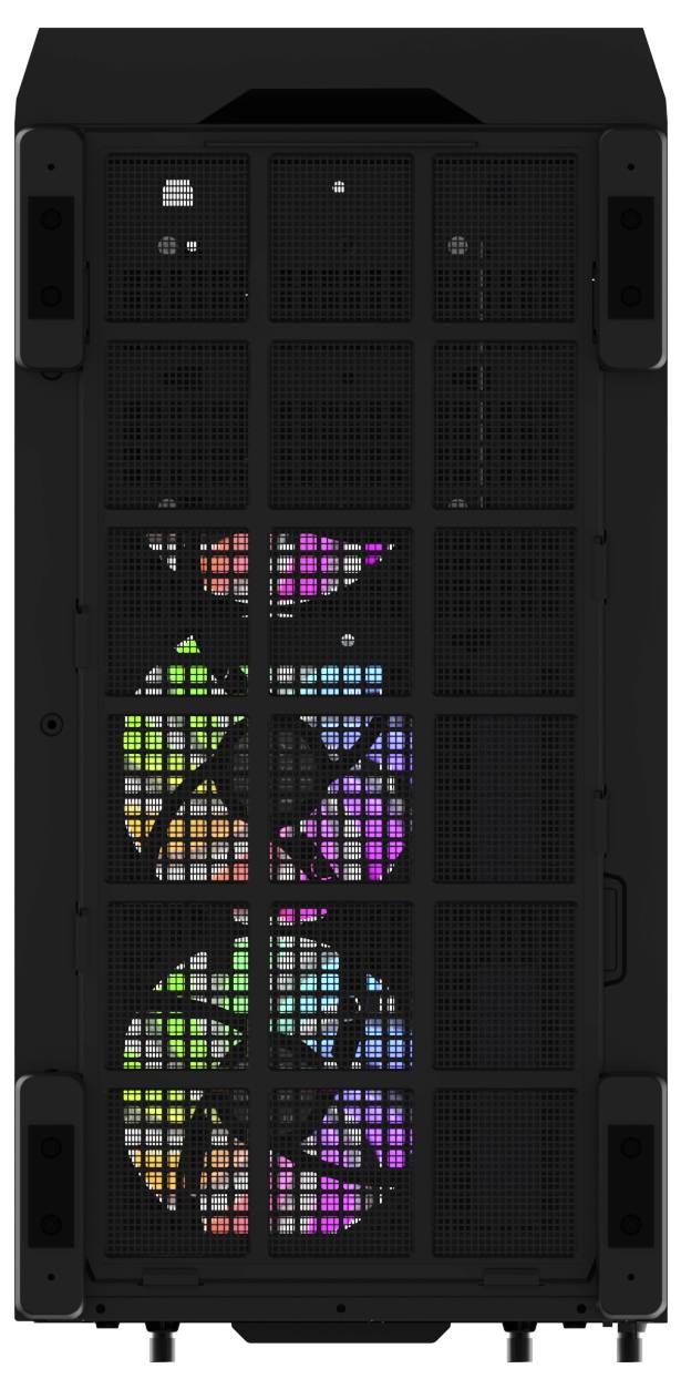 Schwarzer Computer-Tower mit Mesh-Frontblende, die interne Kühlventilatoren zeigt. Die Ventilatoren sind mit mehrfarbigen LED-Leuchten in Regenbogenfarben beleuchtet.