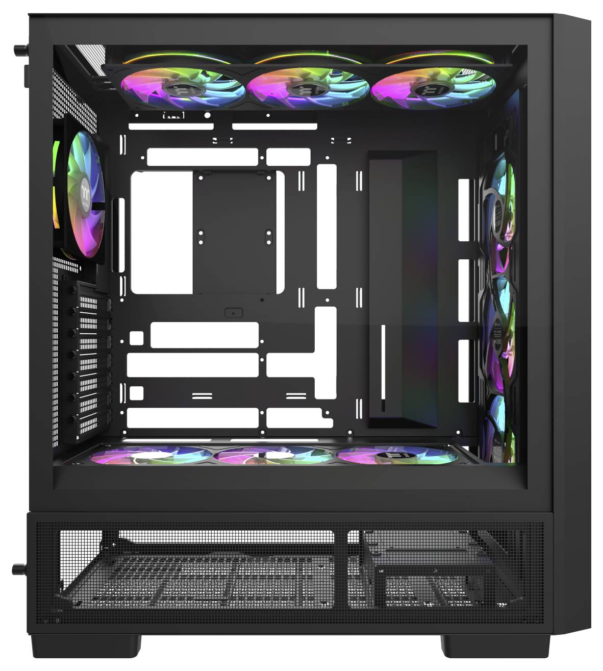 Schwarzes Computergehäuse mit Glasseitenwänden, das beleuchtete RGB-Lüfter an der Vorder-, Ober- und Unterseite zur Schau stellt. Keine Komponenten im Inneren installiert.