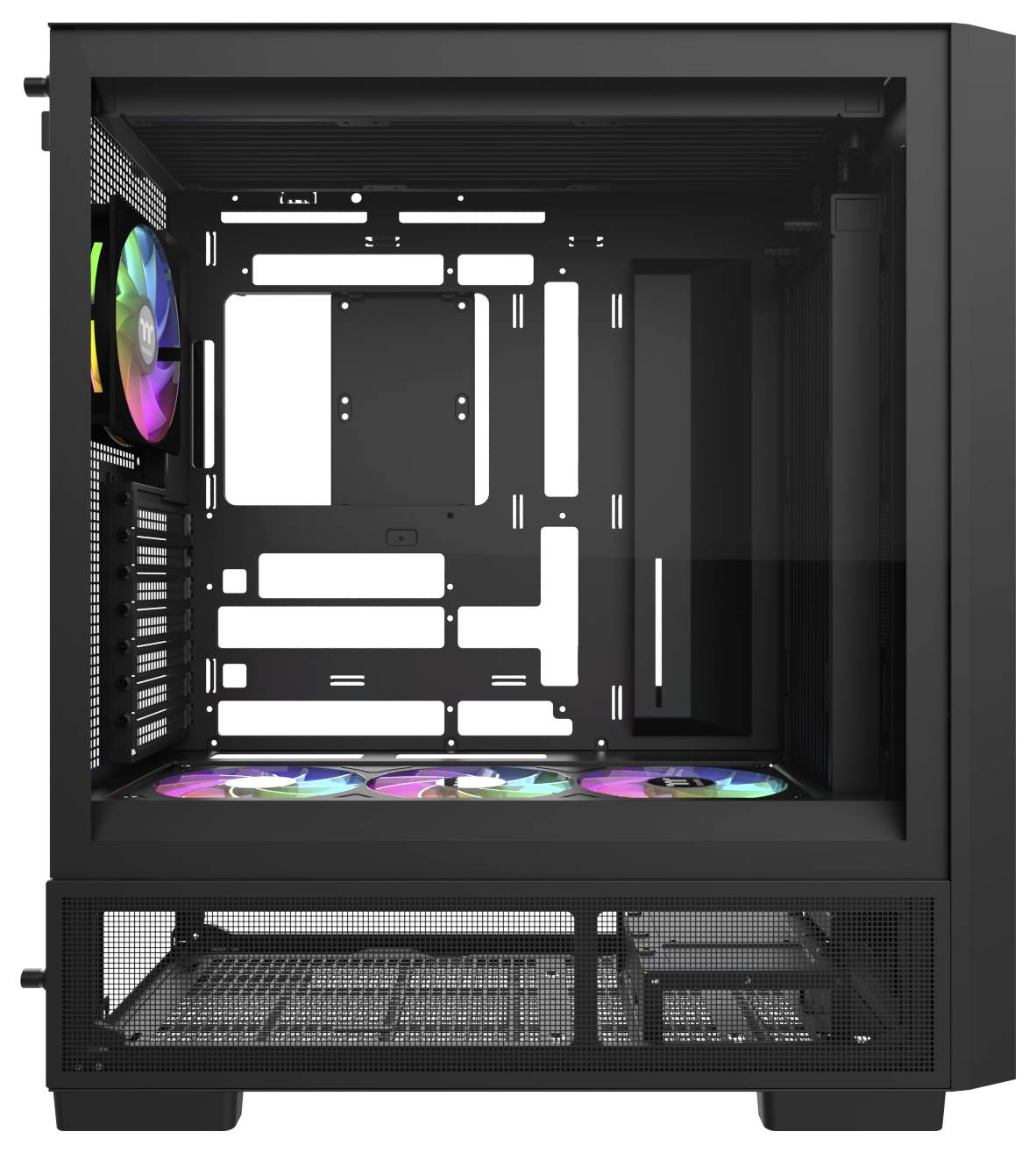 Ein schwarzes Computergehäuse mit gehärteltem Glasseitenpanel, ausgestattet mit mehreren RGB-Lüftern und ausreichend Platz für Komponenten; bereit für benutzerdefinierte Zusammenbauten.